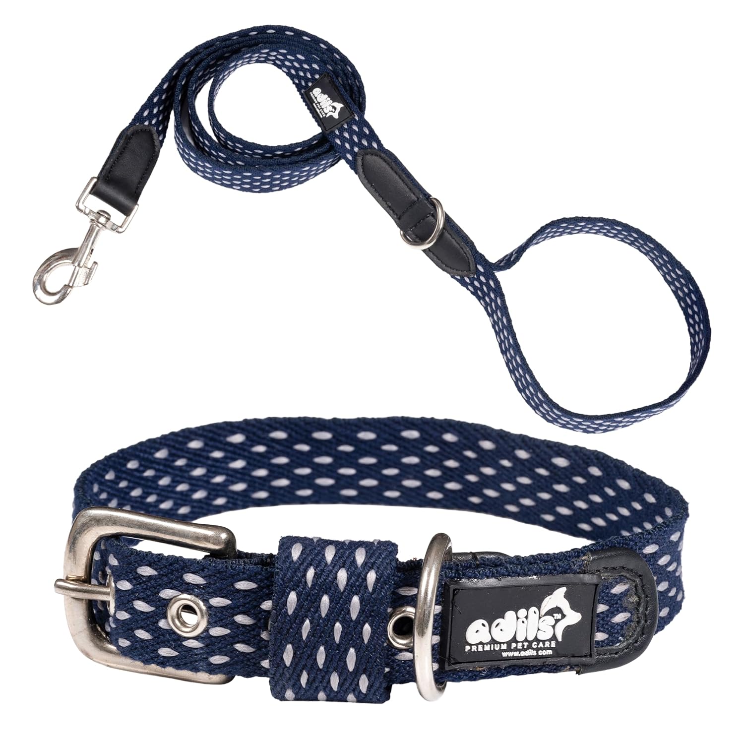Adil’s Cotton Dotted Dog Collar & Leash Combo – Adjustable with Leather, 360° Swivel Hook, D-Ring, 5ft Leash for All Dogs (Navy Blue with White Dot, S(12''-16''))