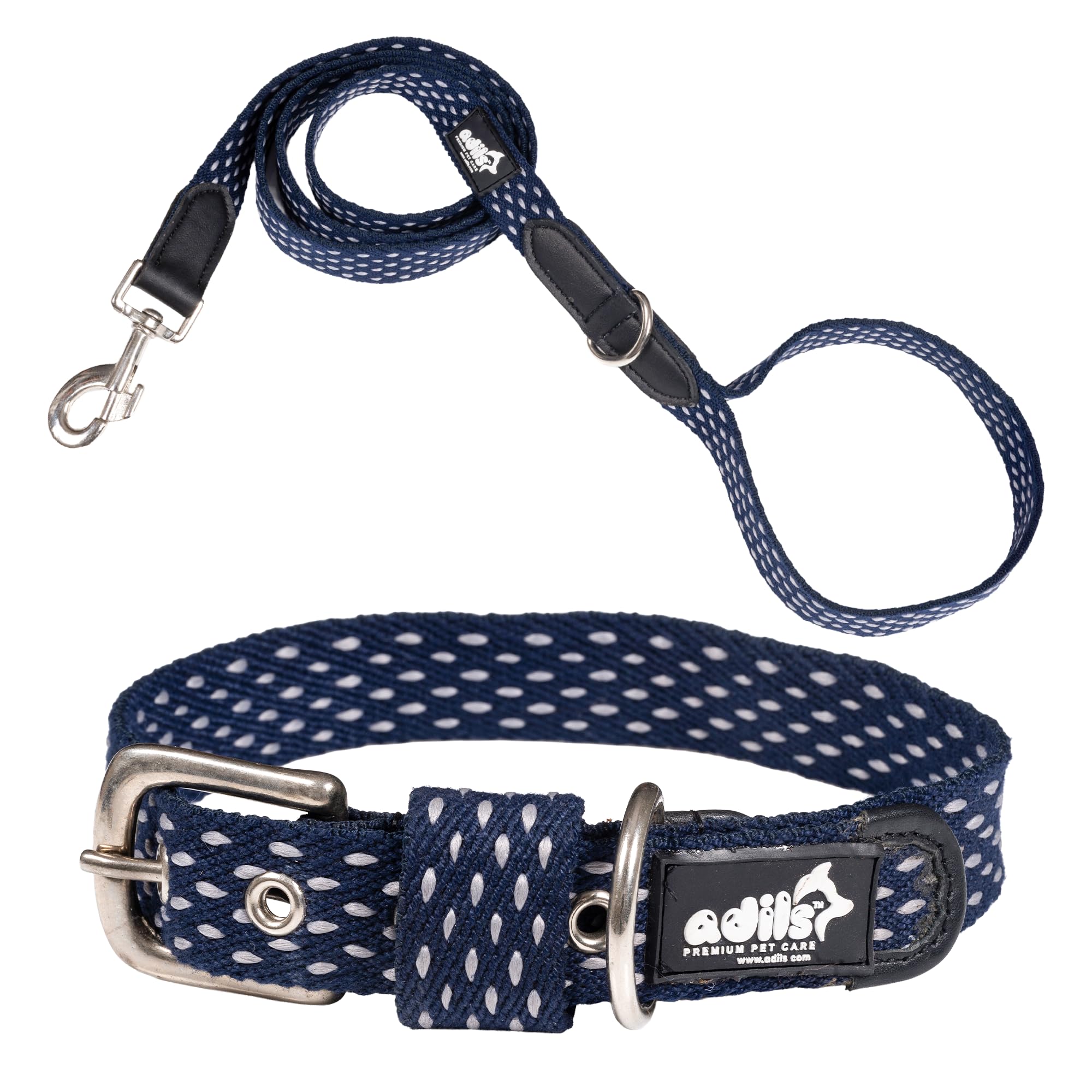 Adil’s Cotton Dotted Dog Collar & Leash Combo – Adjustable with Leather, 360° Swivel Hook, D-Ring, 5ft Leash for All Dogs (Navy Blue with White Dot, S(12''-16''))