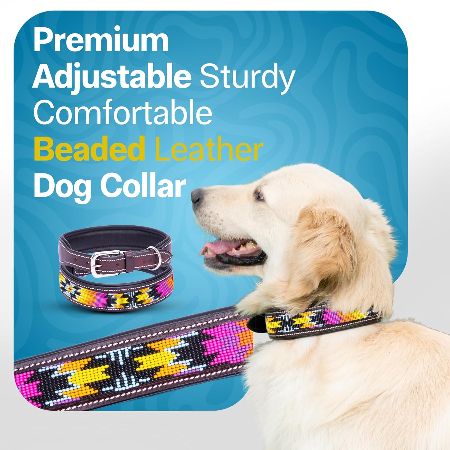 Adil’S Beaded Leather Dog Collar 1.5 Inch Width, Hand Tooled Adjustable Beaded Dog Collars with Strong Metal Buckle & D-Ring Suitable Dogs