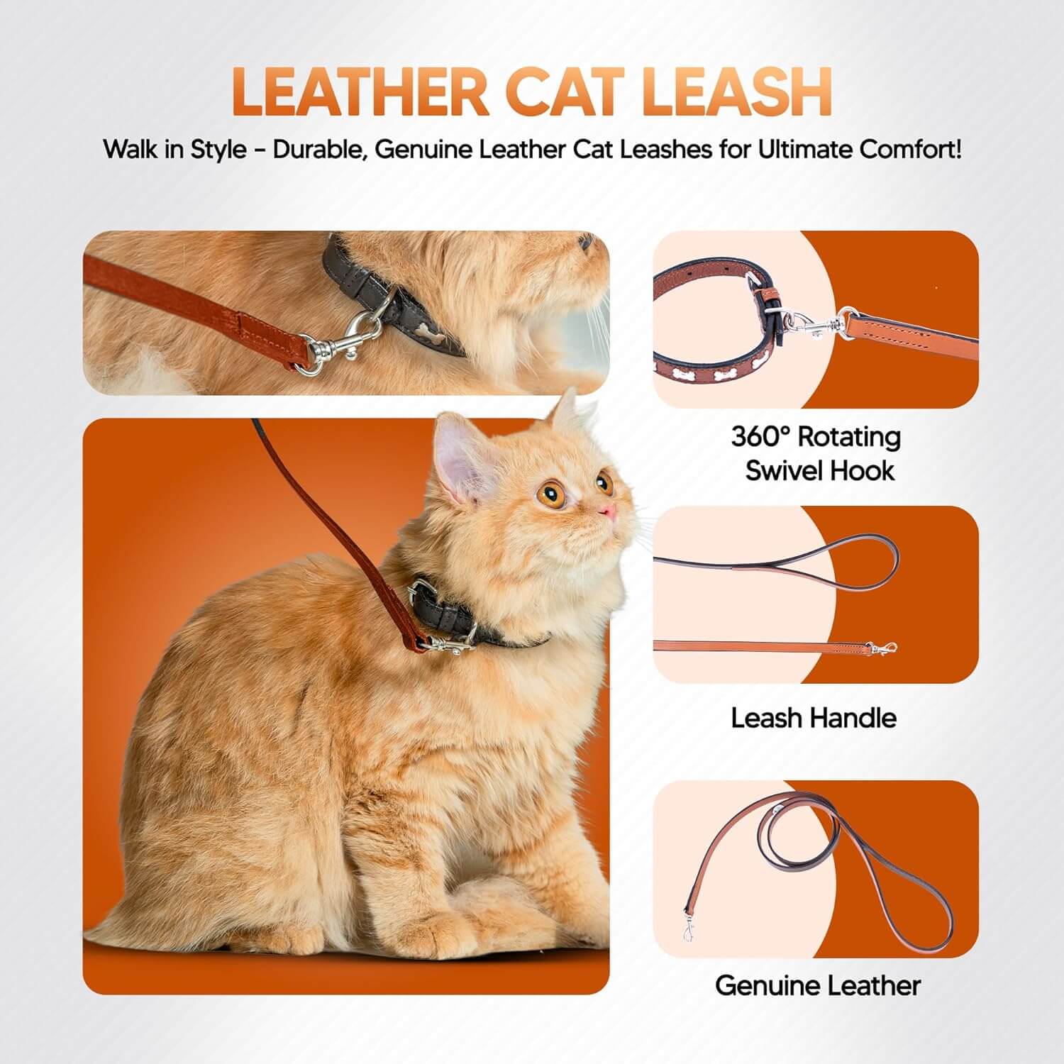 Adil’S Leather Cat Leash – Durable, Stylish & Comfortable Genuine Leather 4ft Long Leash with Secure Trigger Snap Hook for Safe Walks and Outdoor Adventures