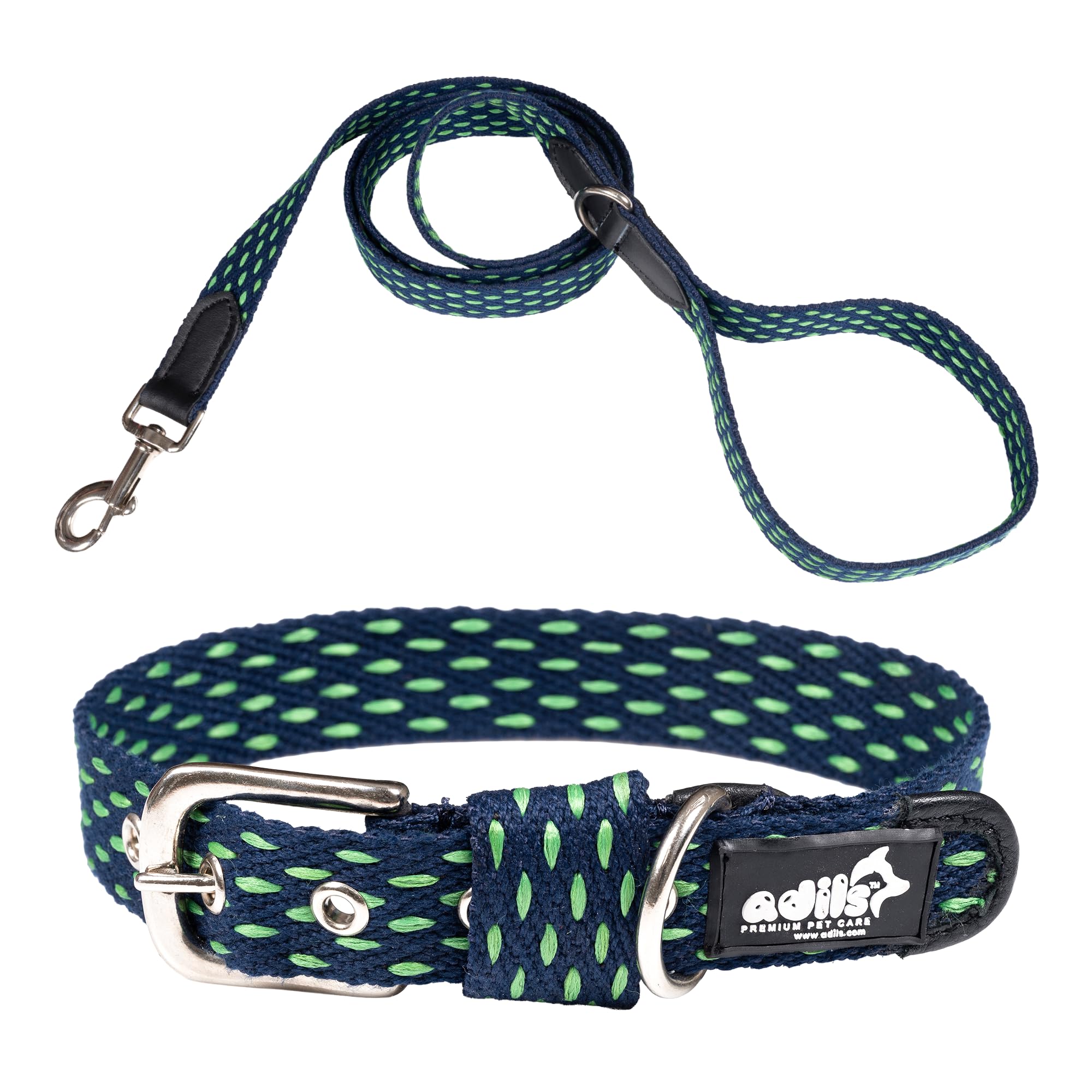 Adil’s Cotton Dotted Dog Collar & Leash Combo – Adjustable with Leather, 360° Swivel Hook, D-Ring, 5ft Leash for All Dogs (Navy Blue with White Dot, S(12''-16''))