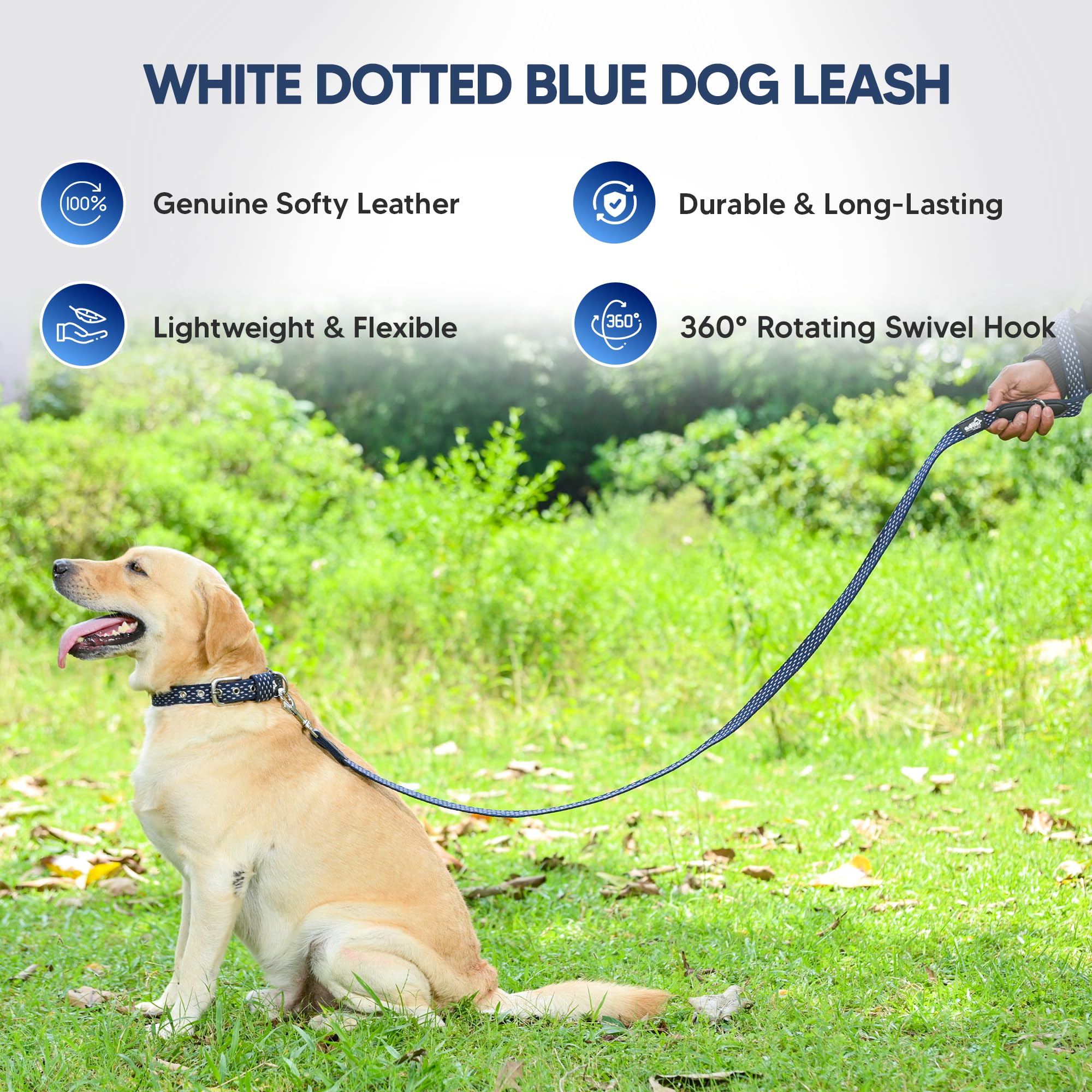 Adil’s 5ft Cotton Dotted Dog Leash with Leather Grip & 360° Swivel Hook – Durable, Comfy & Tangle-Free for All Dog Sizes