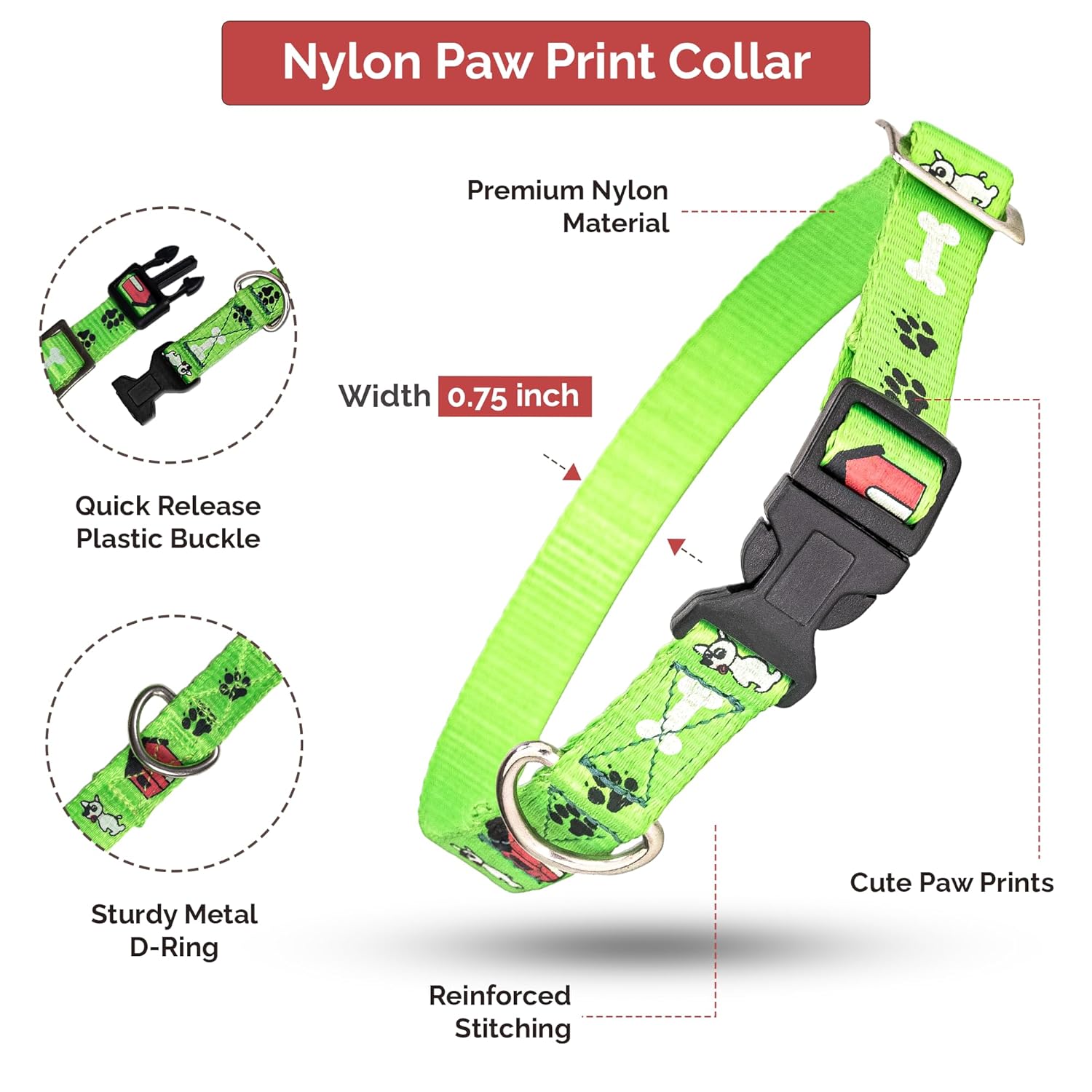 Adil's Nylon Paw Print Dog Collar & Leash Combo Set Quick Release Buckle 360° Swivel Hook Leather Accents 0.75 Inch Collar 5Ft Lead Walking Training for Small Medium Pets