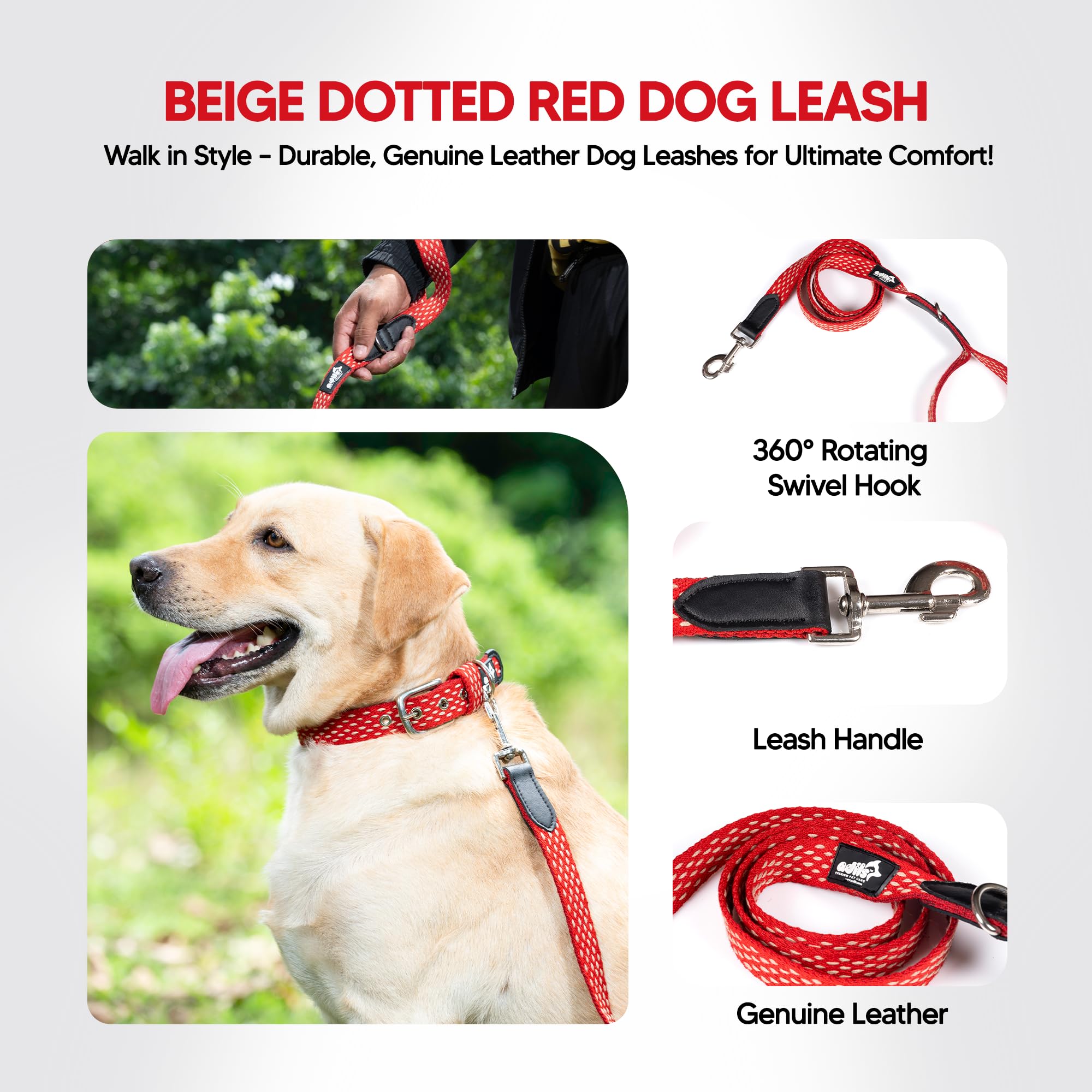 Adil’s 5ft Cotton Dotted Dog Leash with Leather Grip & 360° Swivel Hook – Durable, Comfy & Tangle-Free for All Dog Sizes