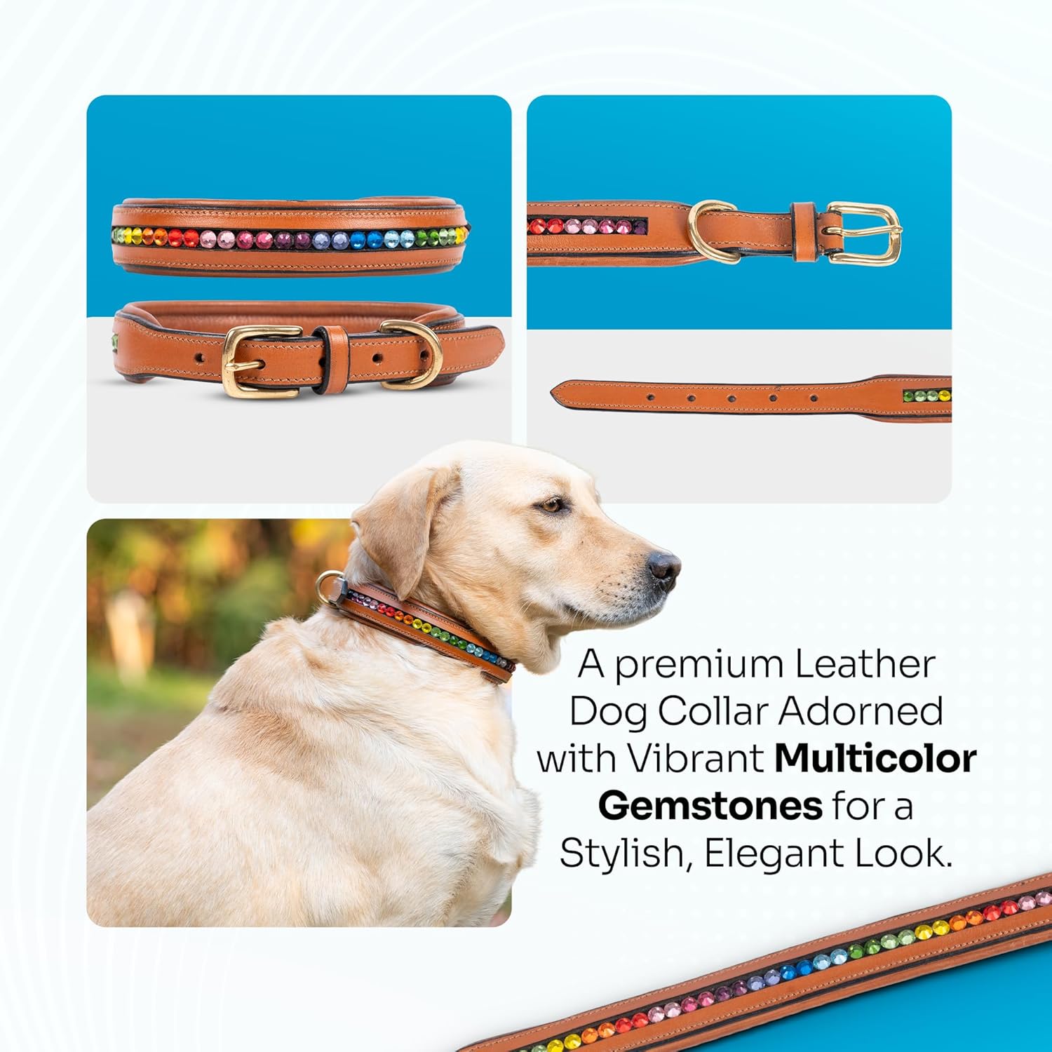 Adil’s Crystal Dog Collar, 1 inch Wide Green Gemstone Chain Leather Dog Collars for Small Medium Large Dogs, Adjustable Collars with Strong Metal Buckle & D-Ring