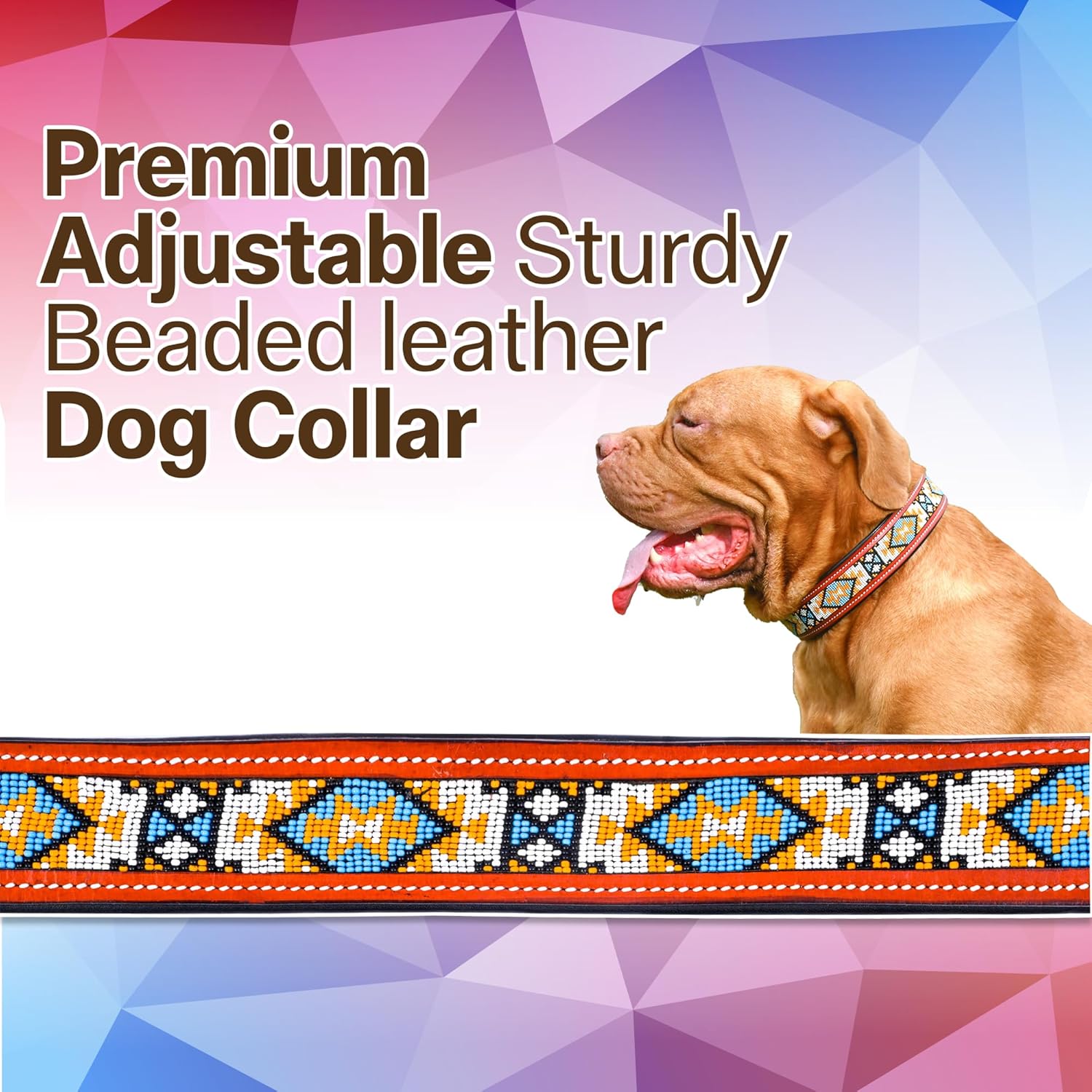 Adil’S Beaded Leather Dog Collar 1.5 Inch Width, for Small, Medium & Large Dogs, Hand Tooled Adjustable Beaded Dog Collars with Strong Metal Buckle & D-Ring