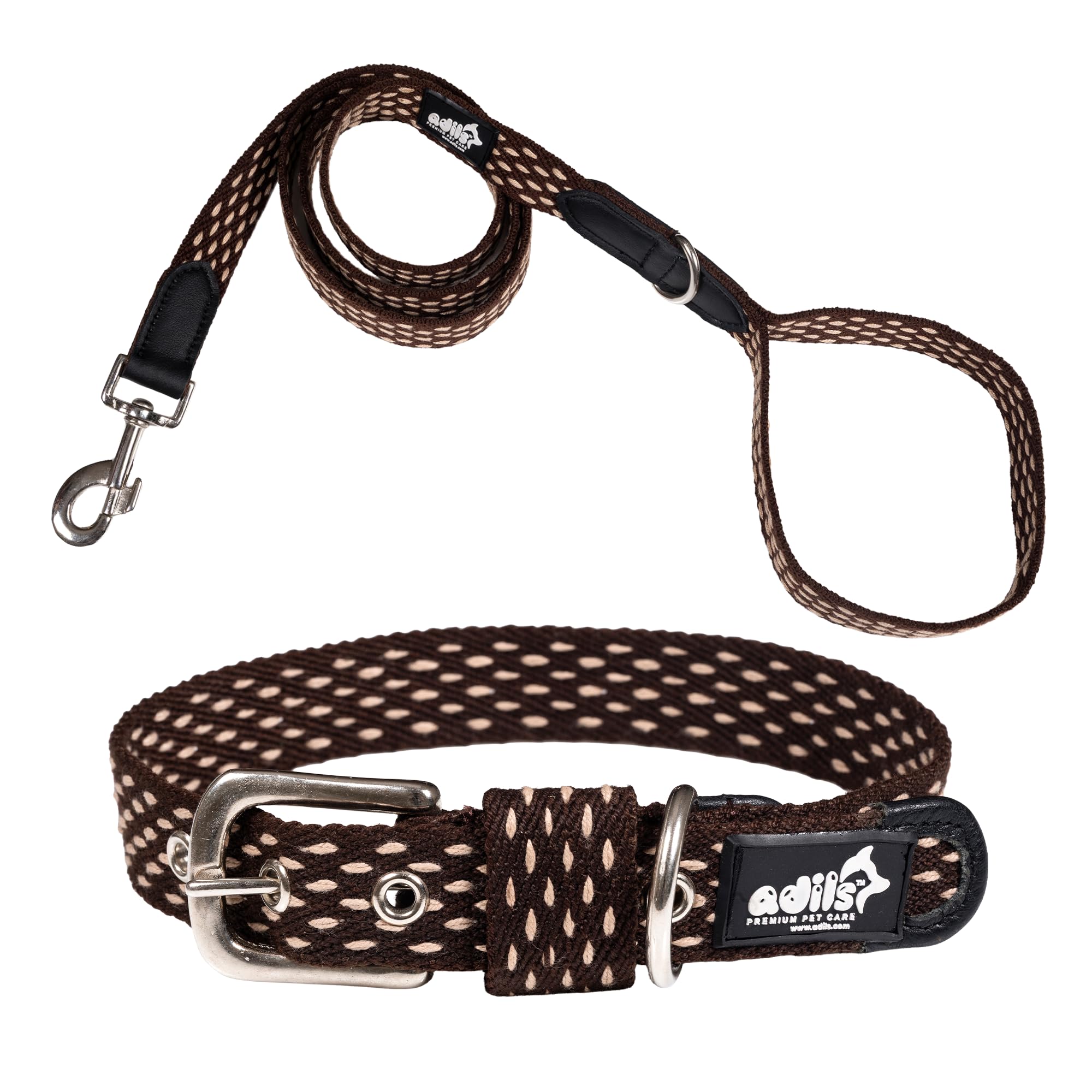 Adil’s Cotton Dotted Dog Collar & Leash Combo – Adjustable with Leather, 360° Swivel Hook, D-Ring, 5ft Leash for All Dogs (Navy Blue with White Dot, S(12''-16''))