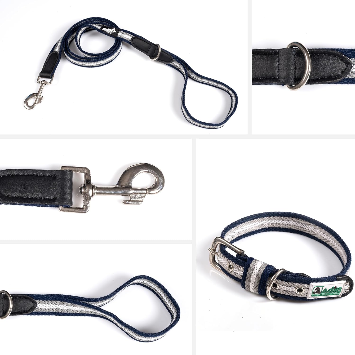 Adil’s Multi Color Cotton Dog Collar & Leash Combo Set | Durable High-Density Cotton with Metal Buckle, Adjustable Holes & 5 Ft Leash for Small, Medium & Large Dogs (Grey White Blue, XL)