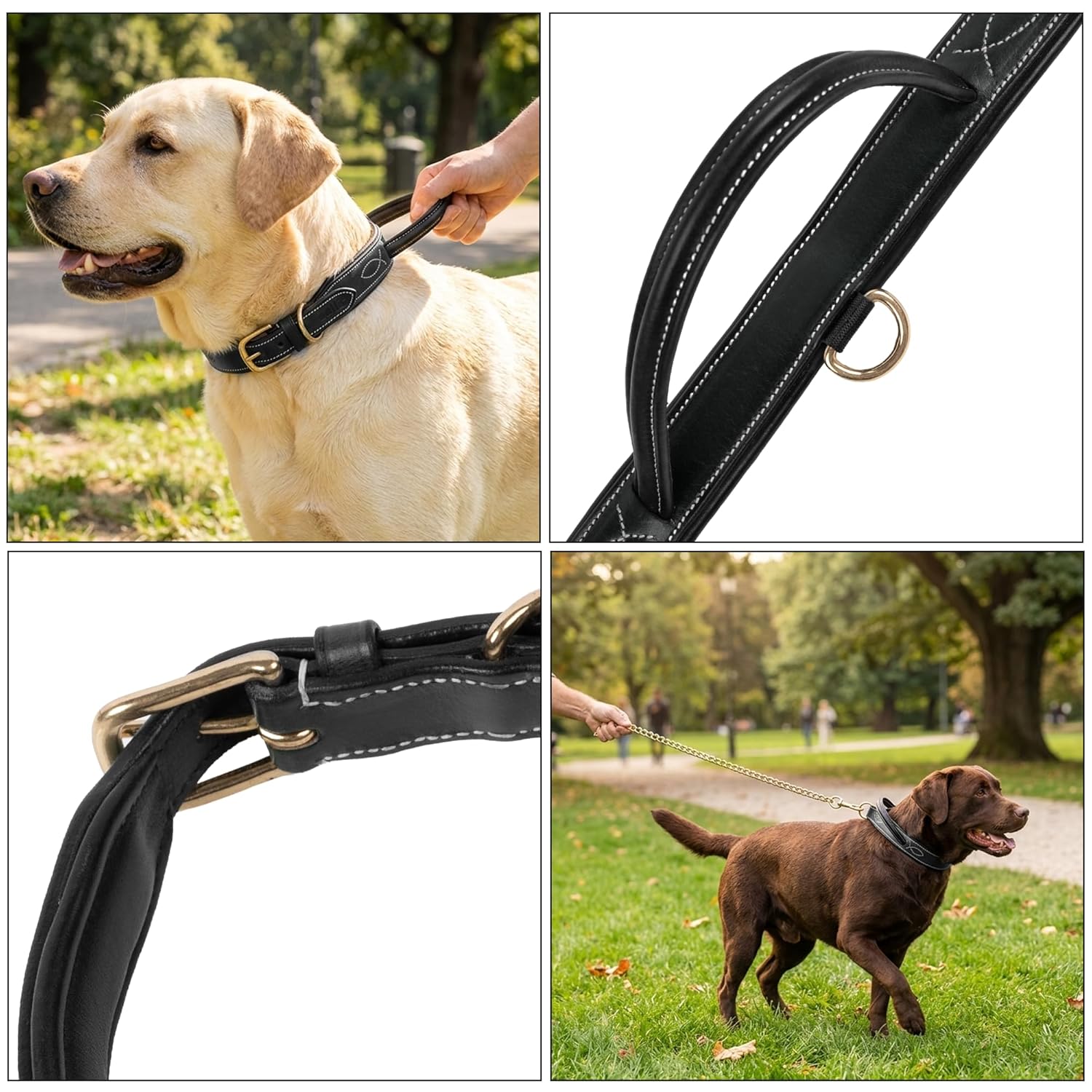 Adil's Softy Leather Dog Collar with Control Handle 1.5 inch Wide Built-in Quick Grab Leather Pull Strap, Heavy Duty Dual D-Ring Neckbelt for Medium & Large Dogs (Black, S)