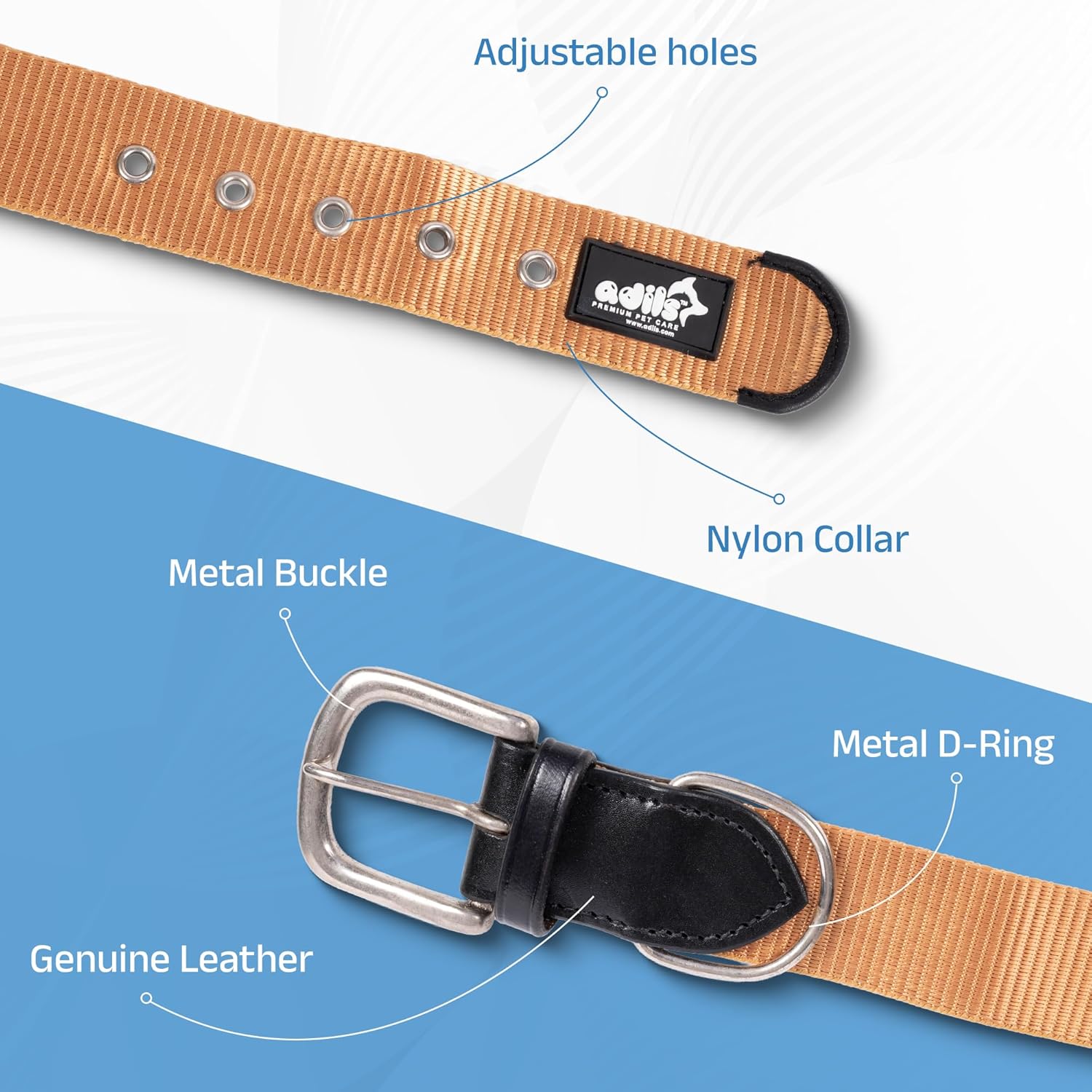 ADIL's Nylon Dog Collar – 1.5 Inch Wide Heavy-Duty Neckbelt with Metal Buckle D-Ring, Adjustable Safety Strap Small Medium Large Pets for Outdoor Walking Training (Beige, S)