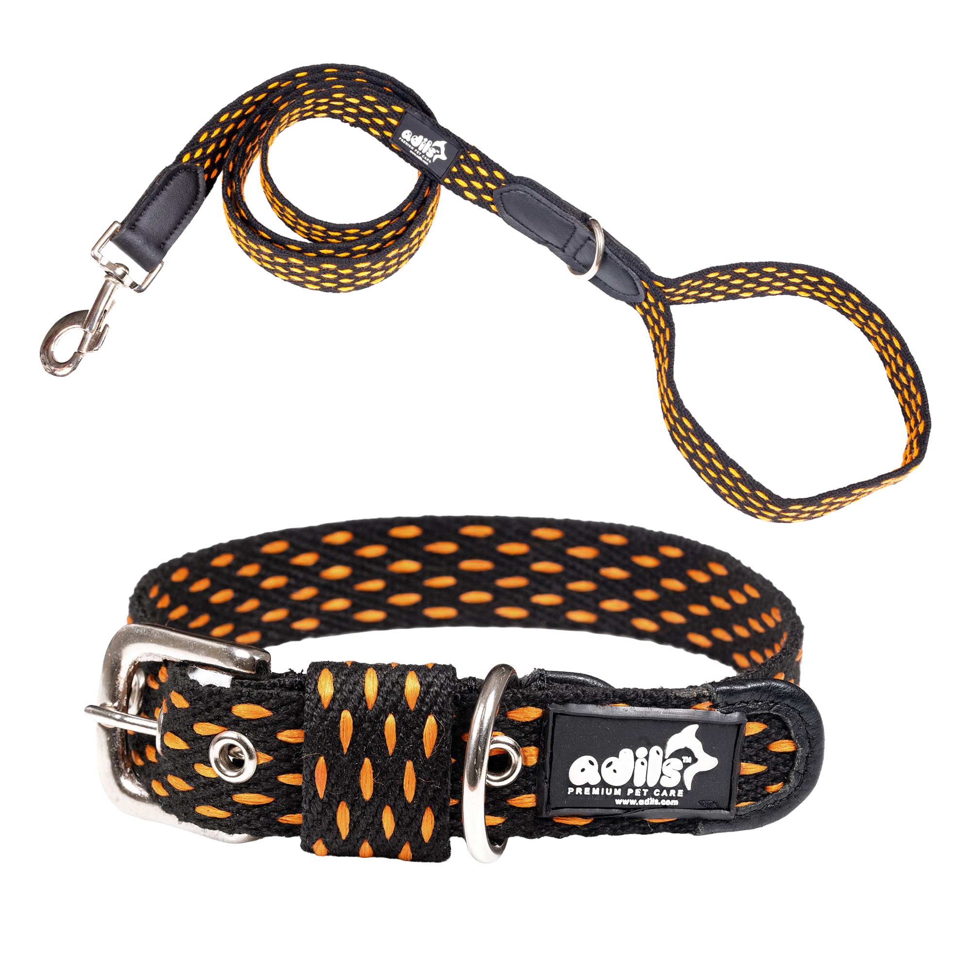 Adil’s Cotton Dotted Dog Collar & Leash Combo – Adjustable with Leather, 360° Swivel Hook, D-Ring, 5ft Leash for All Dogs (Navy Blue with White Dot, S(12''-16''))