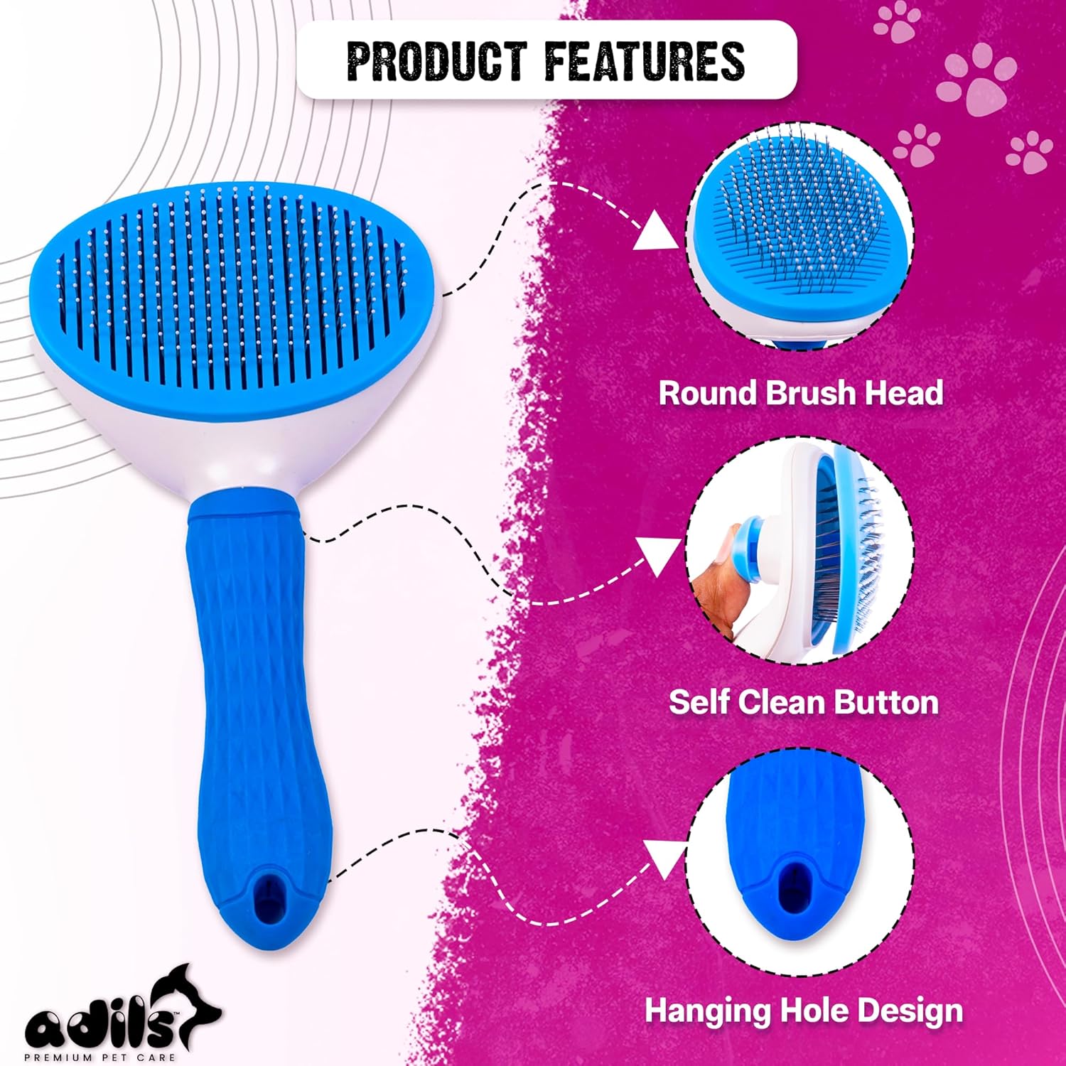 ADIL Self-Cleaning Brush for Dogs, Cats & Bunnies - Pet Grooming Brush