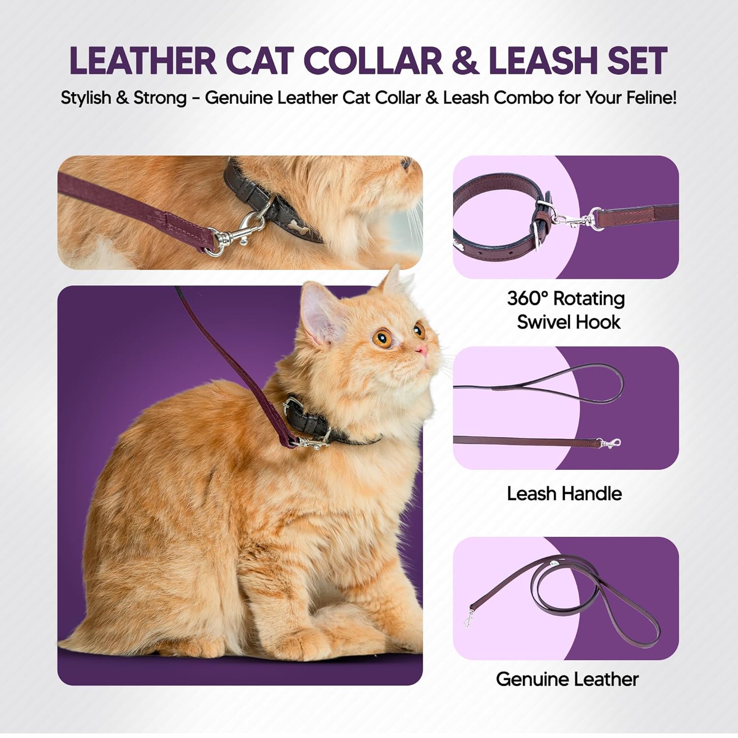 Adil’S Leather Cat Collar & Leash Set - Stylish Six Bone Studded Design Collar, Genuine Leather, Adjustable Buckle & Secure 5ft Leash for Safe and Comfortable Outdoor Activity (Brown)