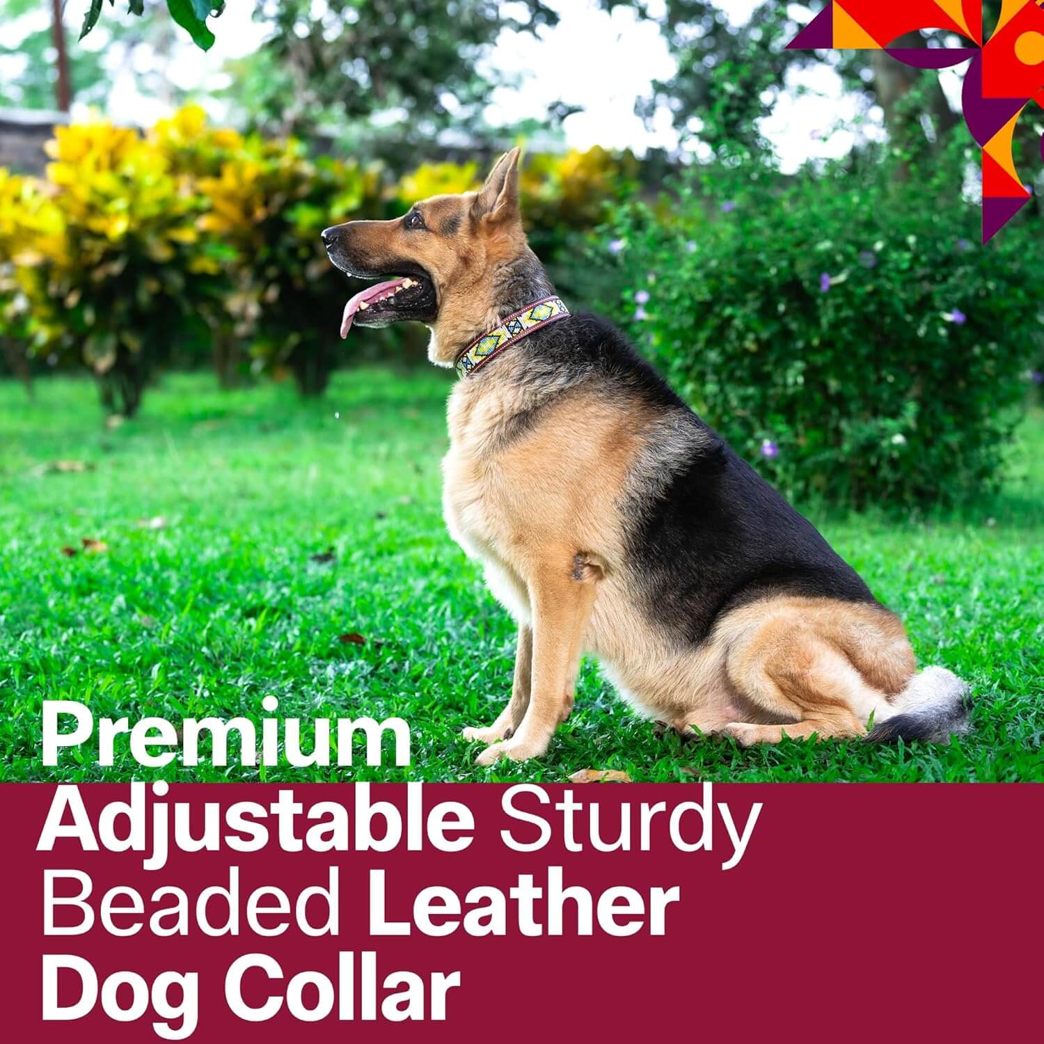 Adil’s Beaded Leather Dog Collar, Hand Tooled Adjustable with Strong Metal Buckle