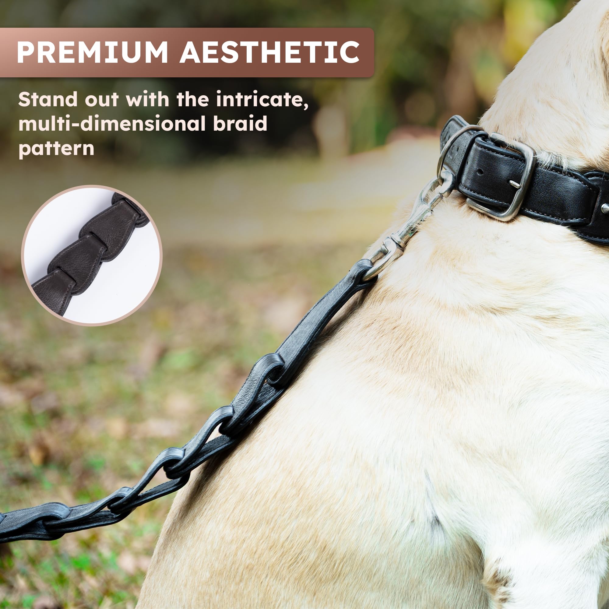 Adil's Premium Softy Leather Dog Leash 5ft Long 1.5 Inch Wide Braided Leash with Loop Handle 360° Swivel Hook Heavy Duty D-Ring Durable Walking Training Lead for Small Medium Large Pets