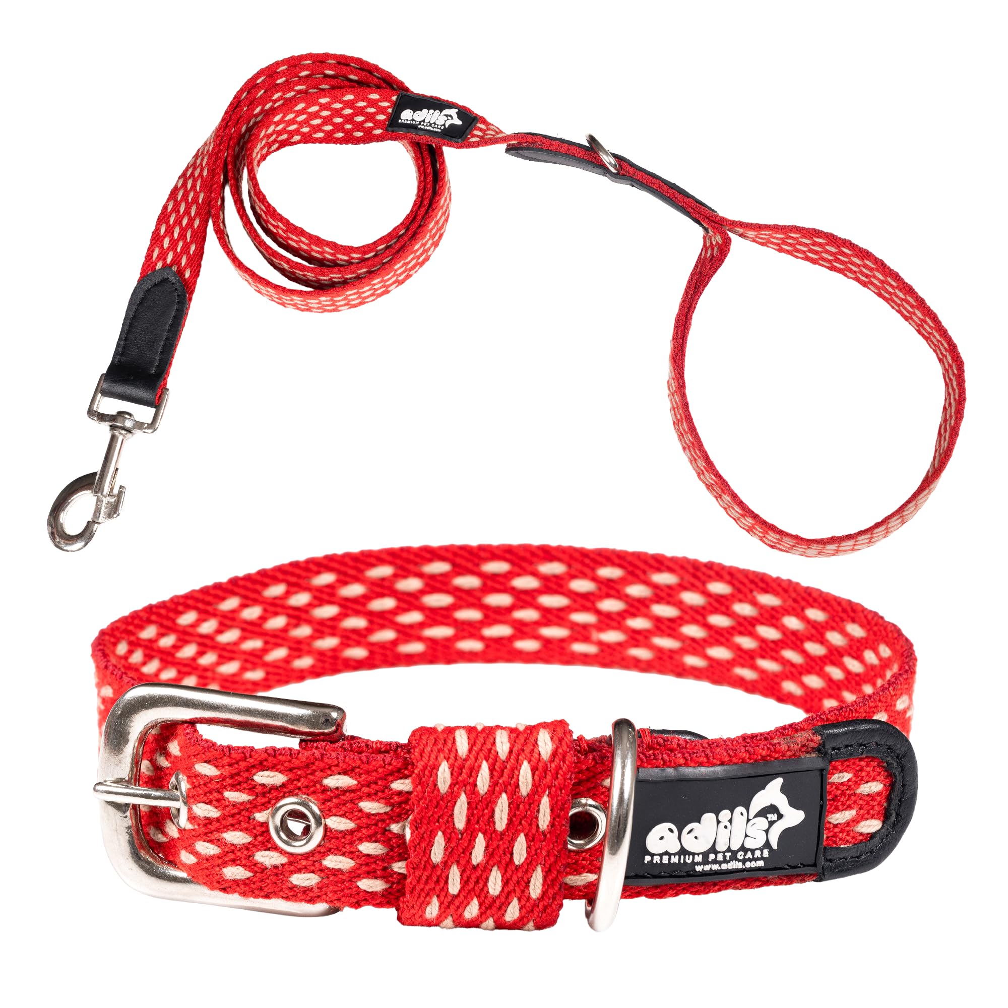 Adil’s Cotton Dotted Dog Collar & Leash Combo – Adjustable with Leather, 360° Swivel Hook, D-Ring, 5ft Leash for All Dogs (Navy Blue with White Dot, S(12''-16''))