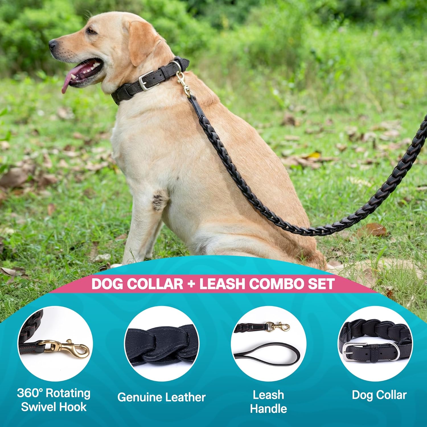 Adil’s Genuine Leather Loop Dog Collar & Leash Combo Set – 5ft Loop Leash Strong Stitch Finish Soft Padded Adjustable Collar with Metal Buckle D-Ring for Small Medium Large Dogs
