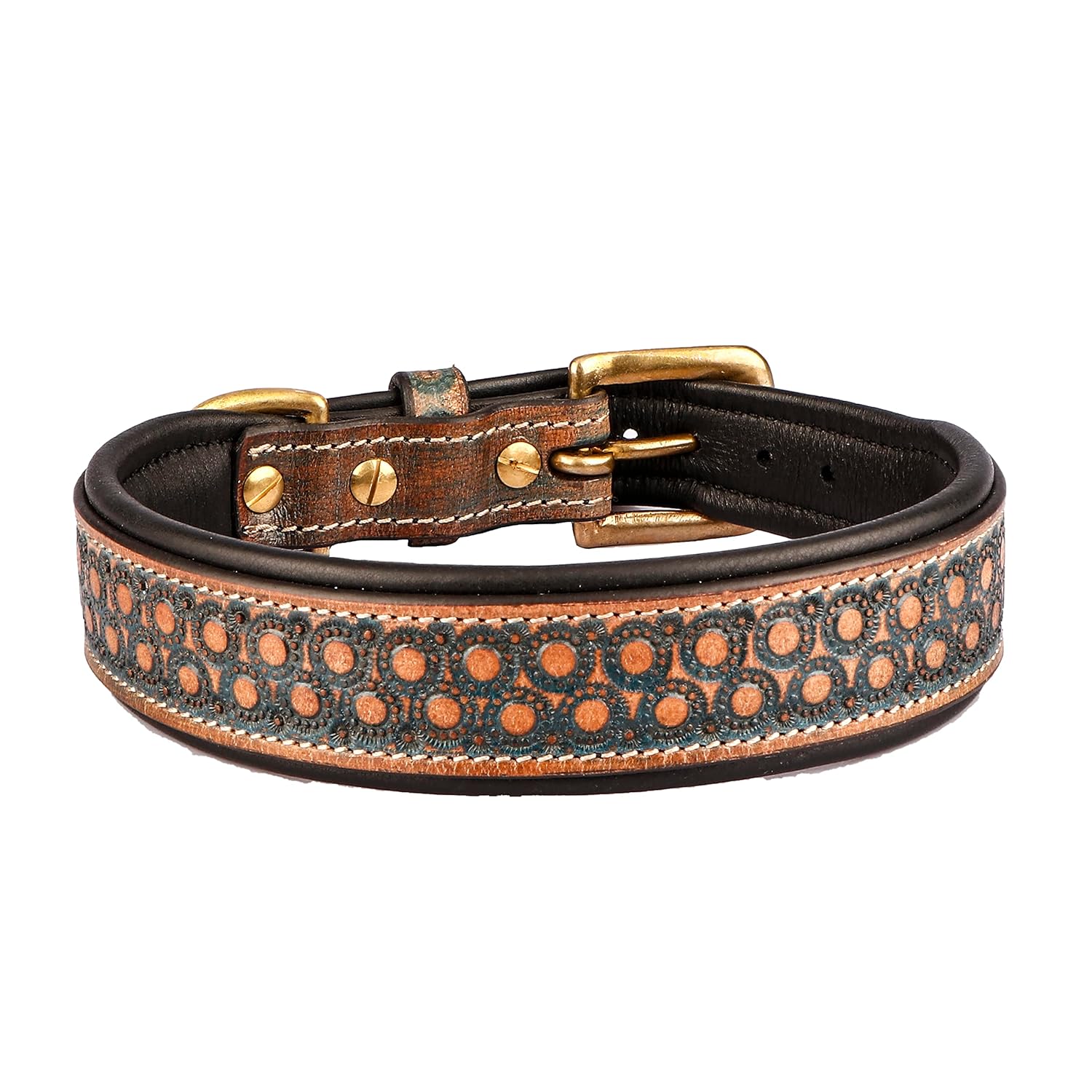 Leather Comfortable, Lightweight Hand Tooling Design Dog Collar for All Breeds | Neck Belt with Adjustable Buckle- Natural White (24x1.5 Inch)