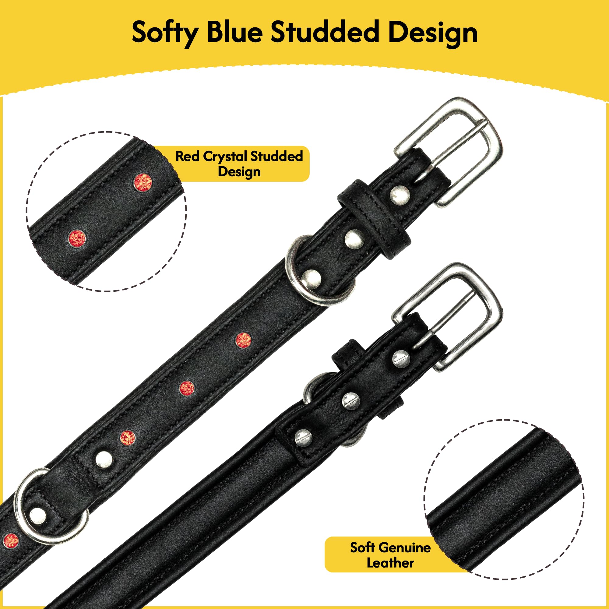 Adil’S Black Studded Softy Leather Dog Collar 1inch Width Suitable for Small, Medium & Large Dogs with Strong Metal Buckle & D-Ring for leashes, Size: S to XL, Brown (S, Black Stud)