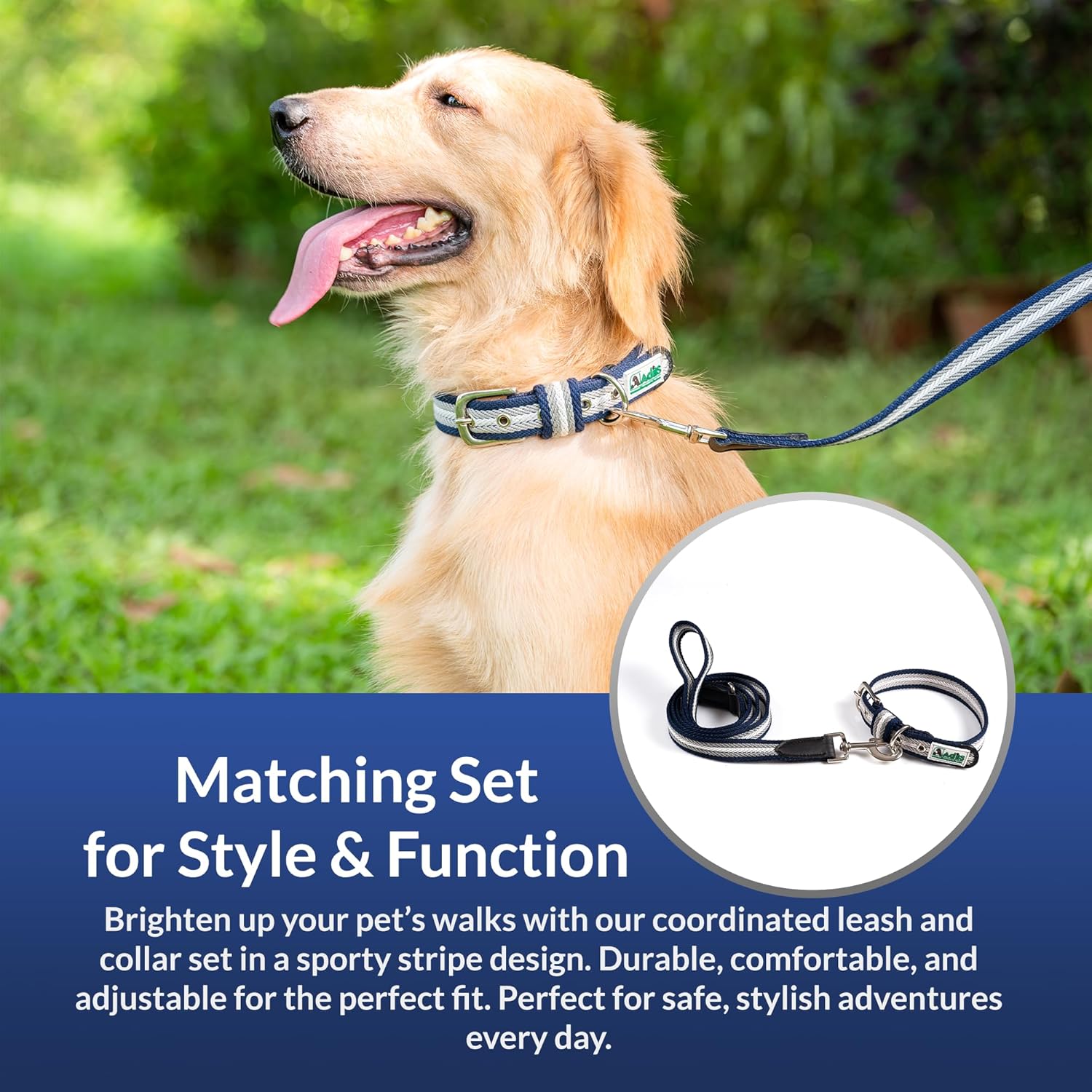Adil’s Multi Color Cotton Dog Collar & Leash Combo Set | Durable High-Density Cotton with Metal Buckle, Adjustable Holes & 5 Ft Leash for Small, Medium & Large Dogs (Grey White Blue, XL)