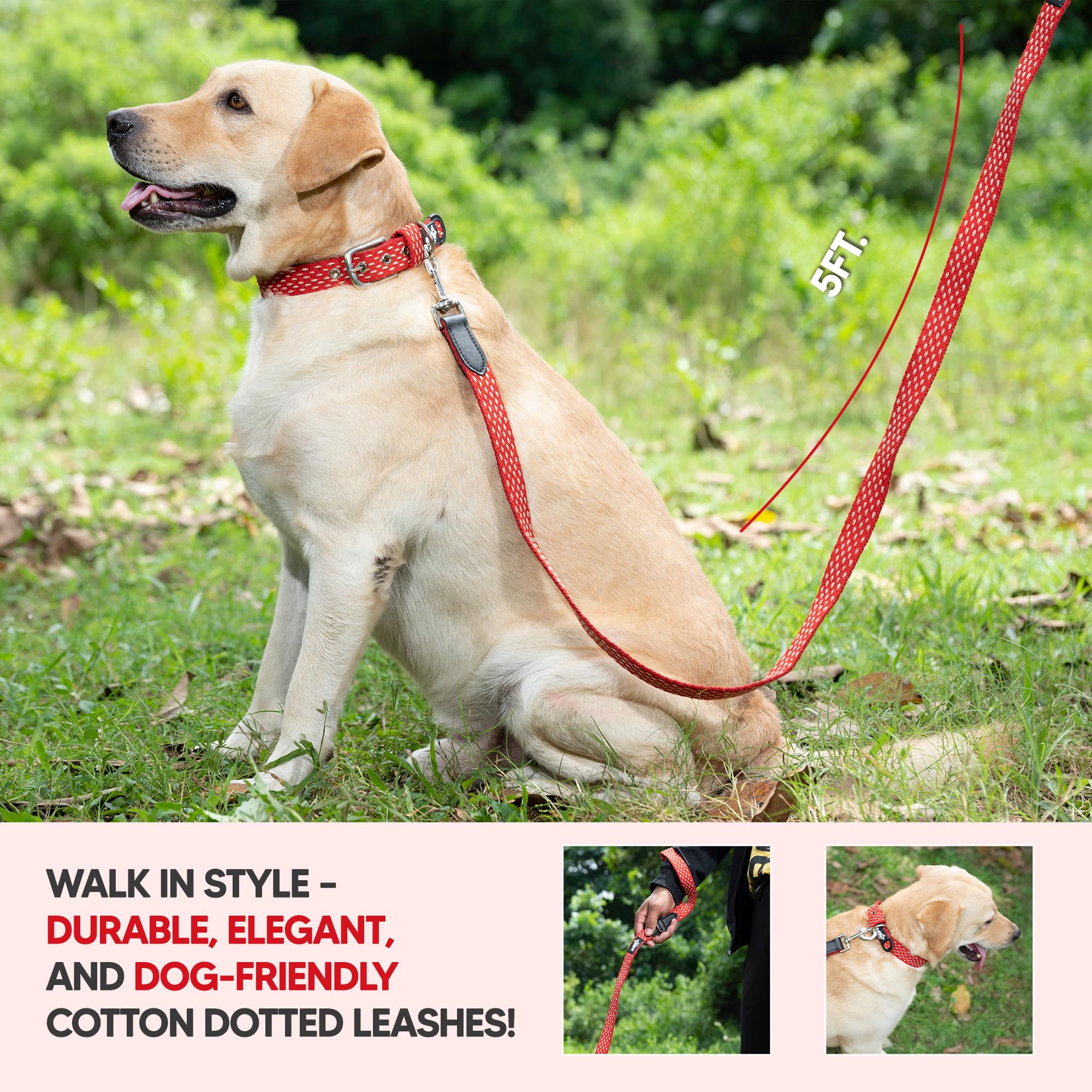Adil’s 5ft Cotton Dotted Dog Leash with Leather Grip & 360° Swivel Hook – Durable, Comfy & Tangle-Free for All Dog Sizes