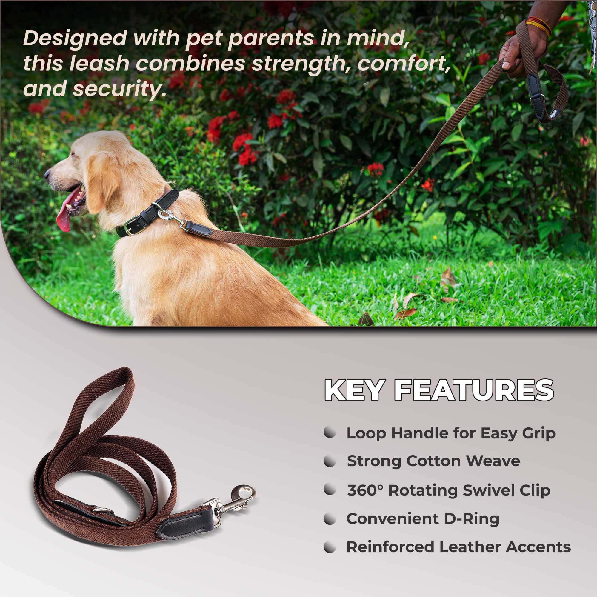 Adil’s 5FT Adjustable Cotton Dog Leash with Soft Leather Handle – Durable Long Lead with 360° Swivel Hook – Strong, Tangle-Free Leash for Walking & Training Small, Medium & Large Dogs