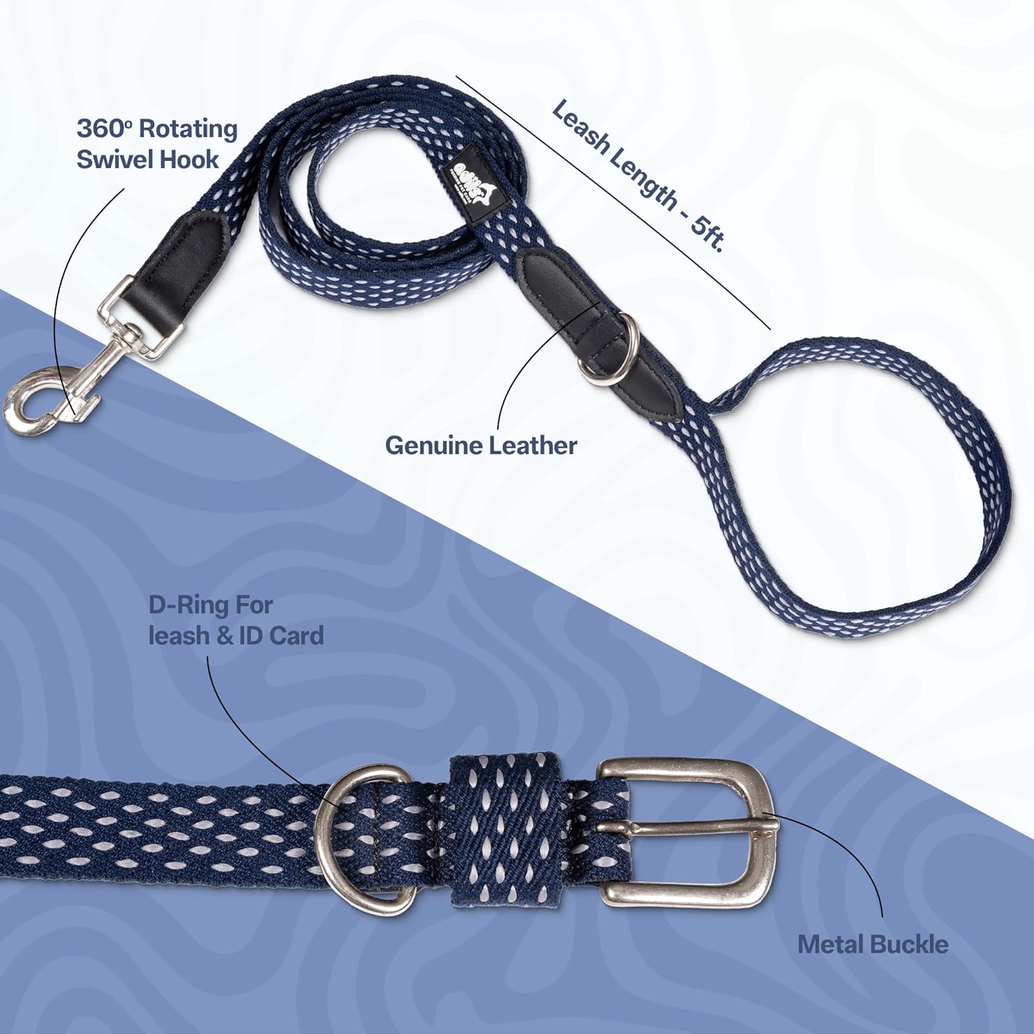 Adil’s Cotton Dotted Dog Collar & Leash Combo – Adjustable with Leather, 360° Swivel Hook, D-Ring, 5ft Leash for All Dogs (Navy Blue with White Dot, S(12''-16''))