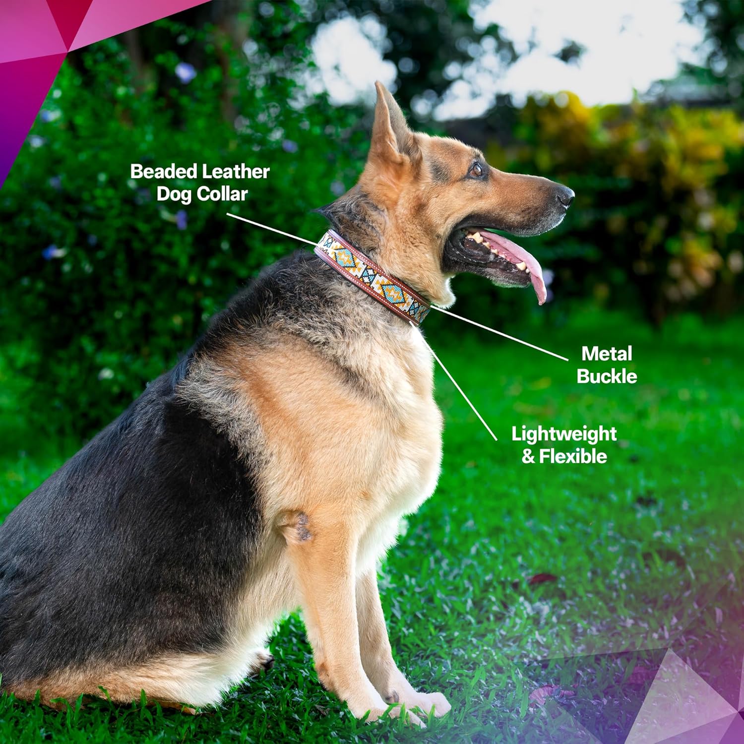 Adil’S Beaded Leather Dog Collar 1.5 Inch Width, for Small, Medium & Large Dogs, Hand Tooled Adjustable Beaded Dog Collars with Strong Metal Buckle & D-Ring