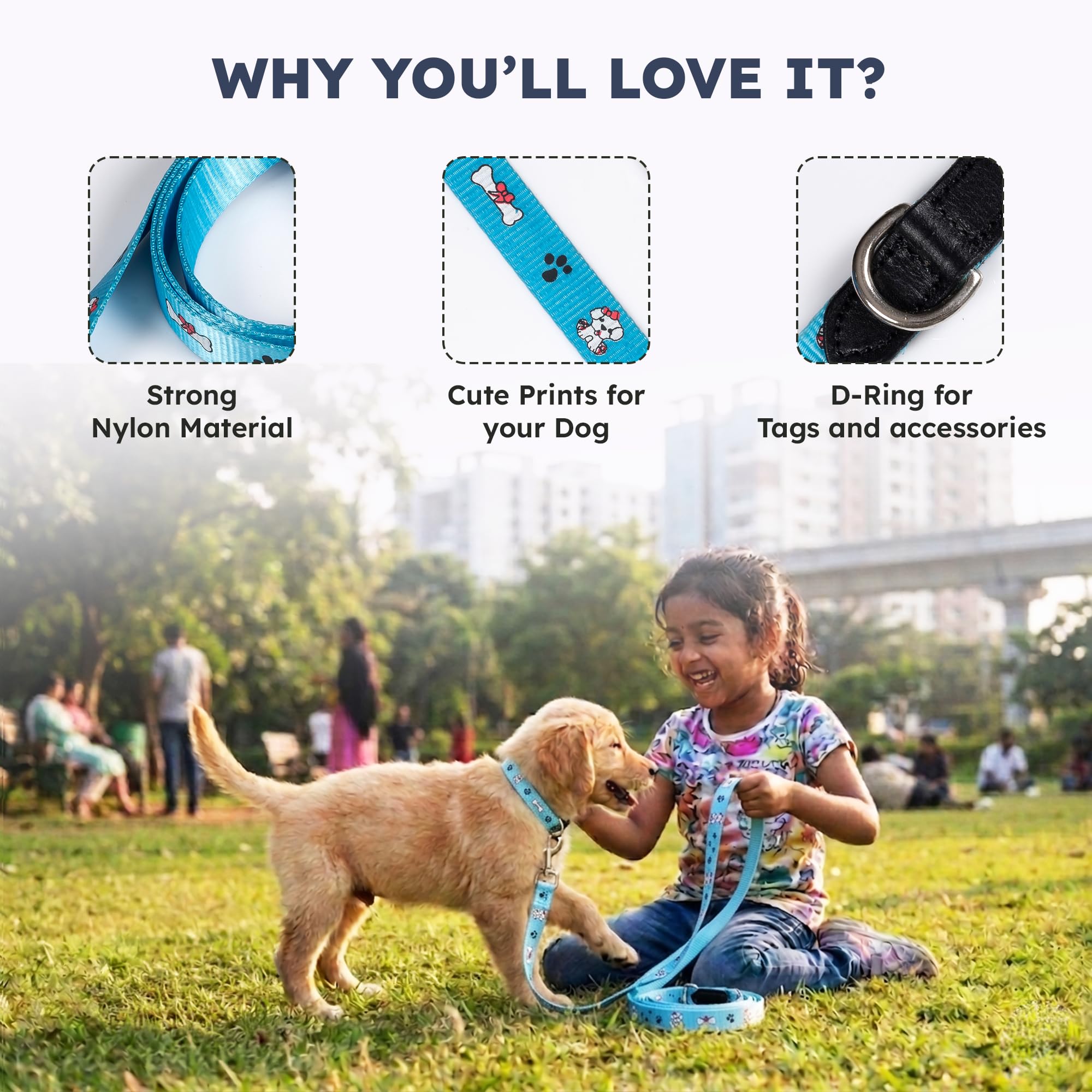 Adil’s Nylon Paw Print Dog Leash – 19mm Wide 5ft Long Durable Lead with 360° Swivel Hook Loop Handle Metal D-Ring Walking Training for Small Medium Pets