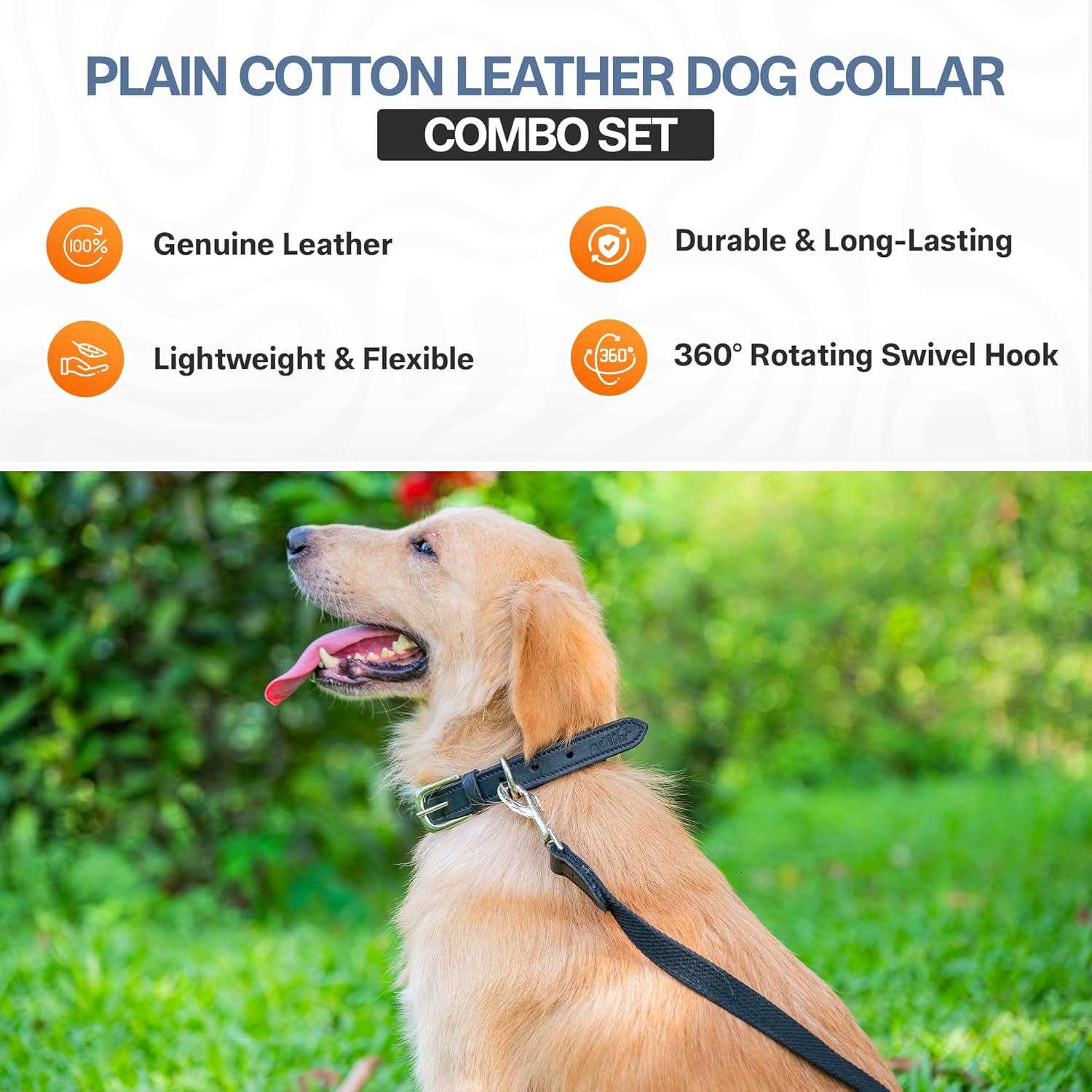 Adil’s Plain Cotton Adjustable Leather Neck Belt Dog Collar & 5FT Leash Combo Set | Durable Cotton-Leather with Metal Buckle for Small, Medium & Large Dogs (Black, M(16''-20''))