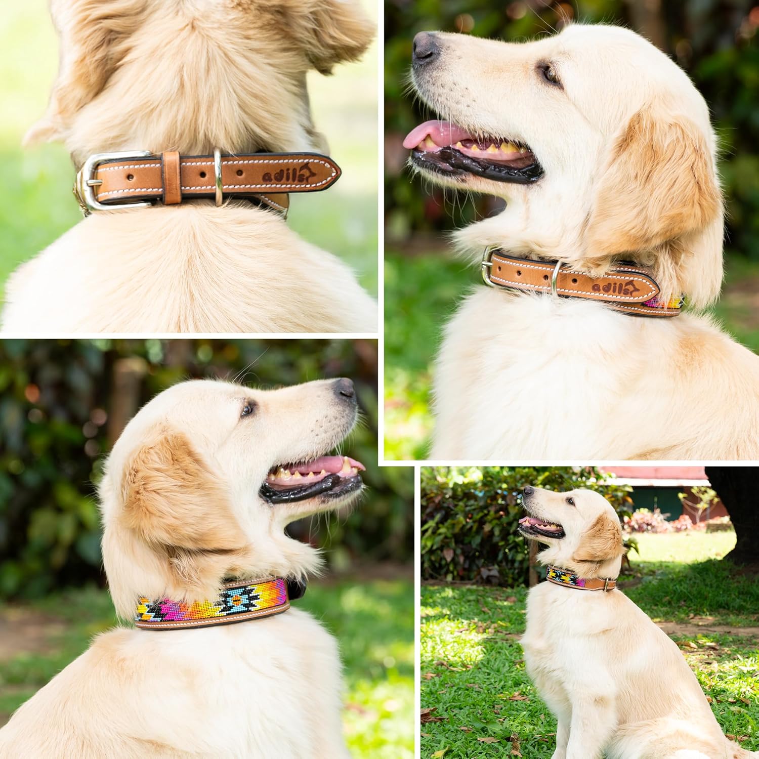Adil’S Beaded Leather Dog Collar 1.5 Inch Width, Hand Tooled Adjustable Beaded Dog Collars with Strong Metal Buckle & D-Ring Suitable Dogs