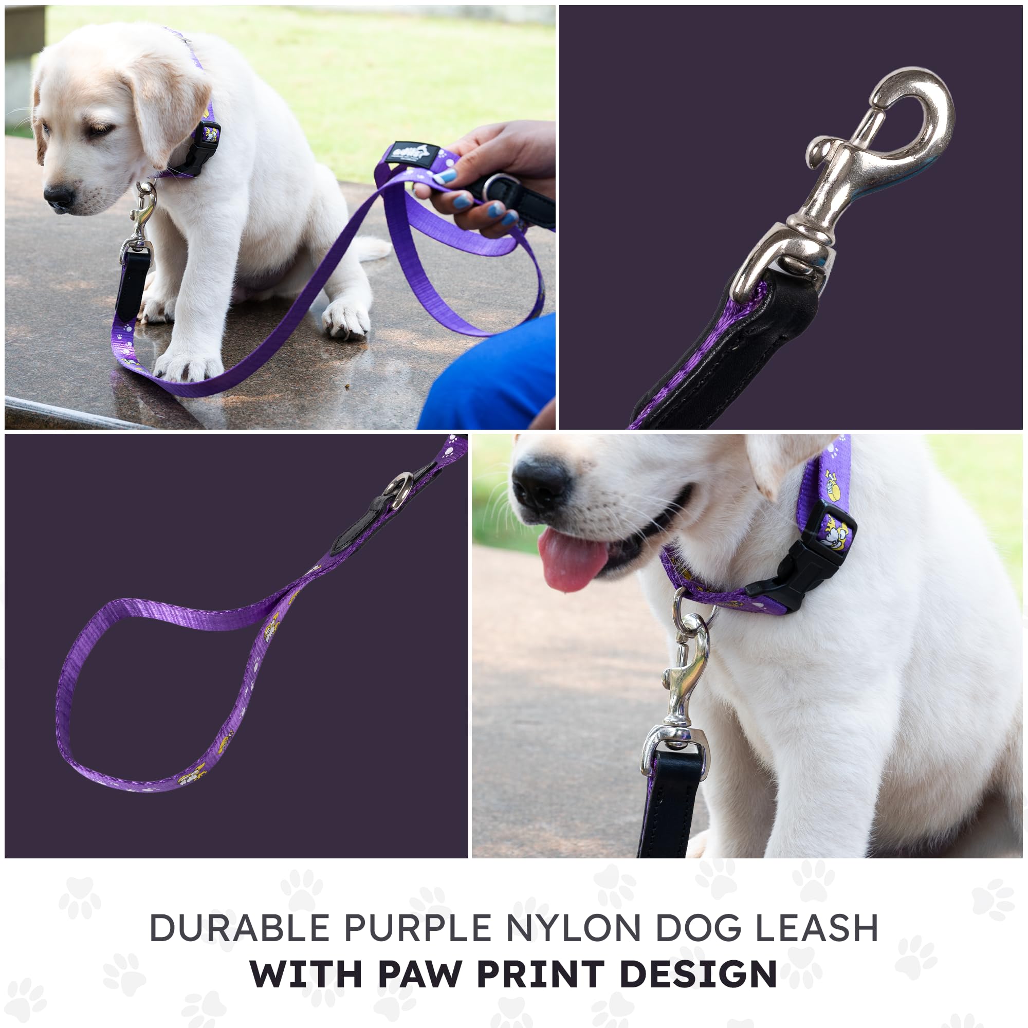 Adil’s Nylon Paw Print Dog Leash – 19mm Wide 5ft Long Durable Lead with 360° Swivel Hook Loop Handle Metal D-Ring Walking Training for Small Medium Pets