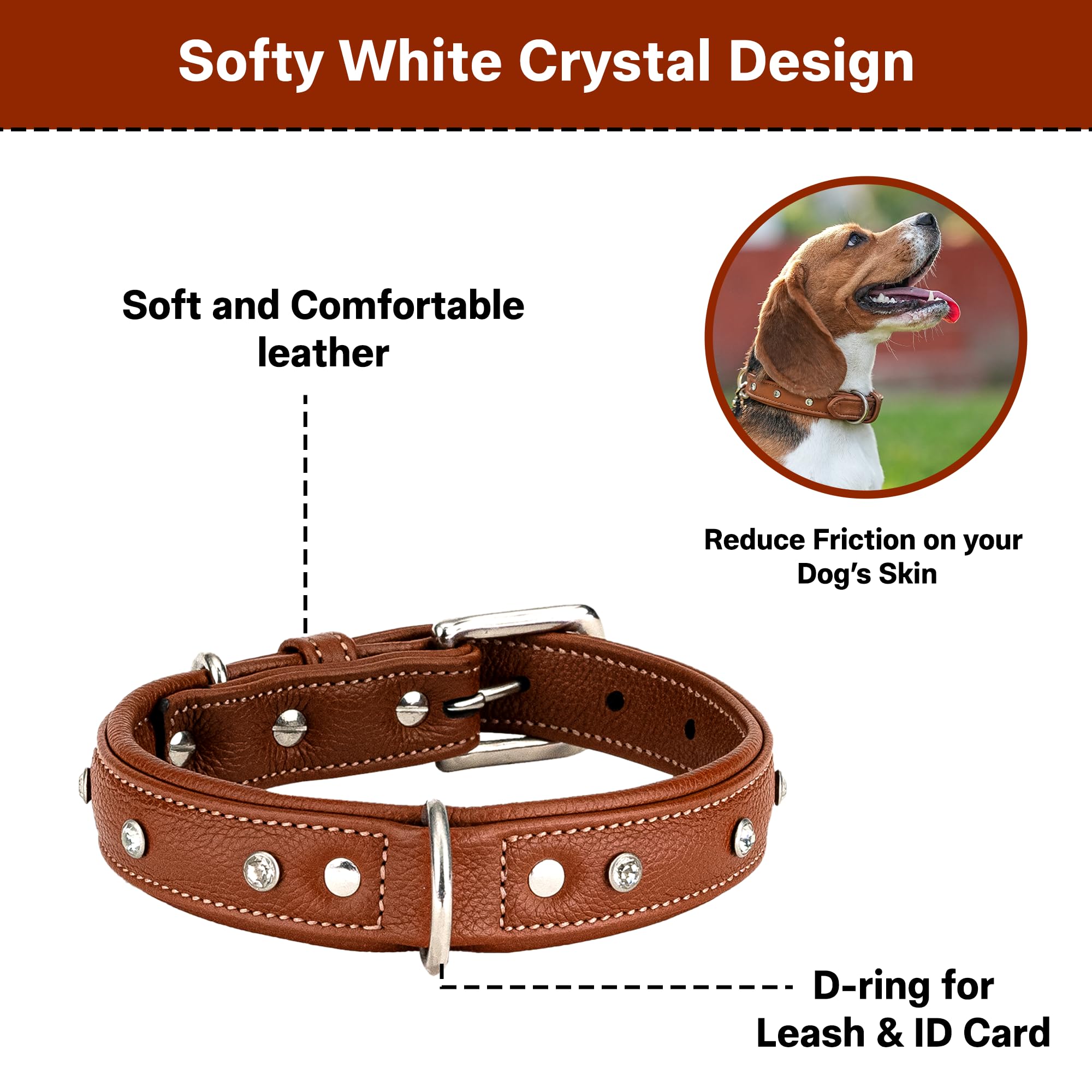 Adil’S Black Studded Softy Leather Dog Collar 1inch Width Suitable for Small, Medium & Large Dogs with Strong Metal Buckle & D-Ring for leashes, Size: S to XL, Brown (S, Black Stud)