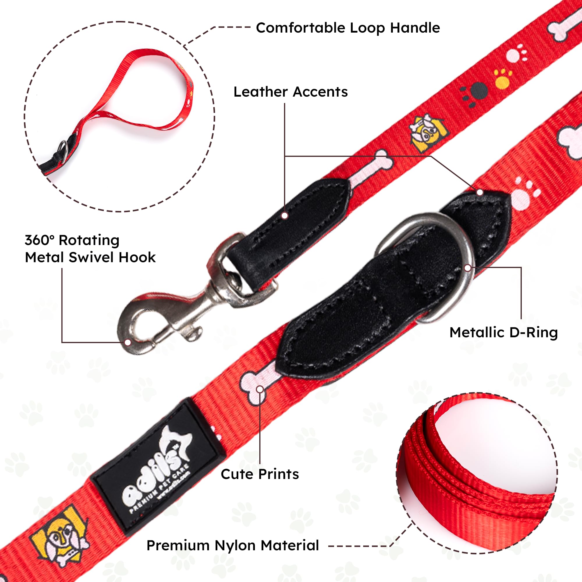 Adil’s Nylon Paw Print Dog Leash – 19mm Wide 5ft Long Durable Lead with 360° Swivel Hook Loop Handle Metal D-Ring Walking Training for Small Medium Pets