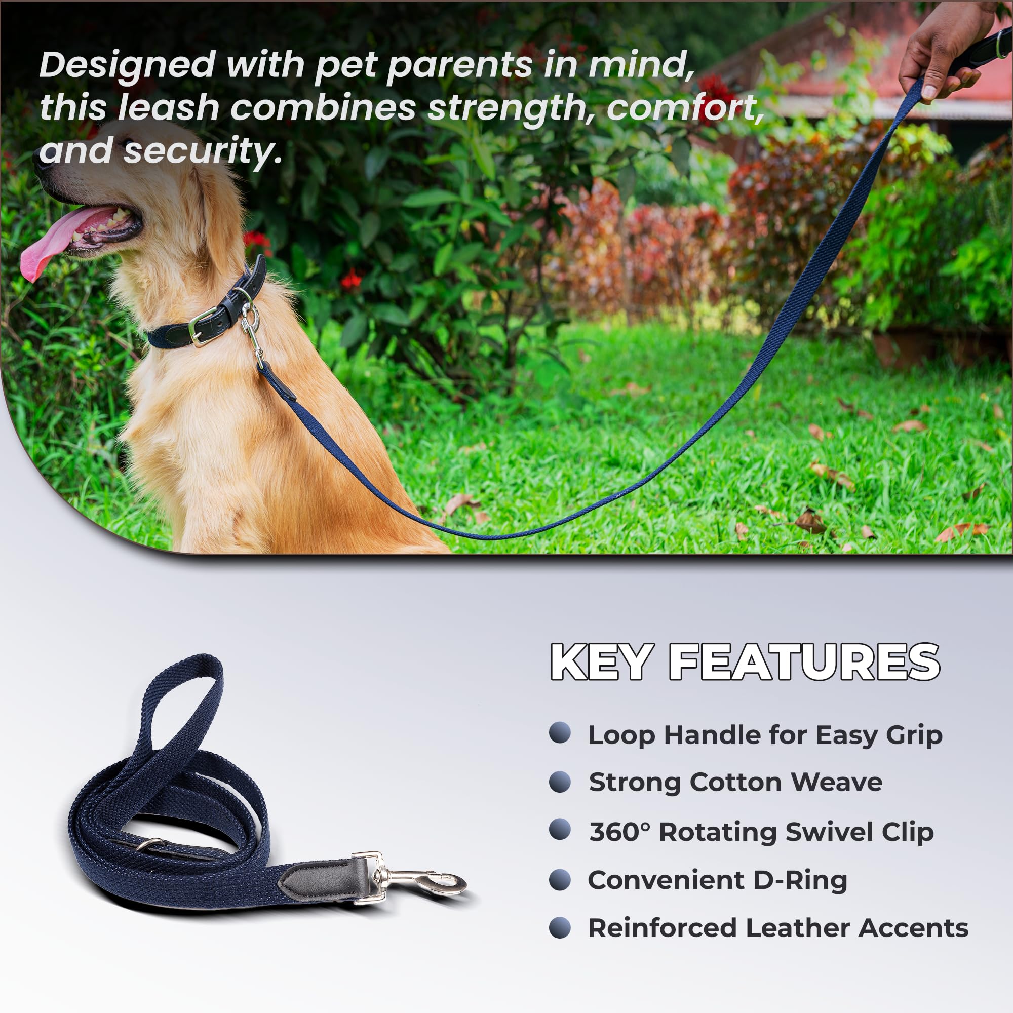 Adil’s 5FT Adjustable Cotton Dog Leash with Soft Leather Handle – Durable Long Lead with 360° Swivel Hook – Strong, Tangle-Free Leash for Walking & Training Small, Medium & Large Dogs
