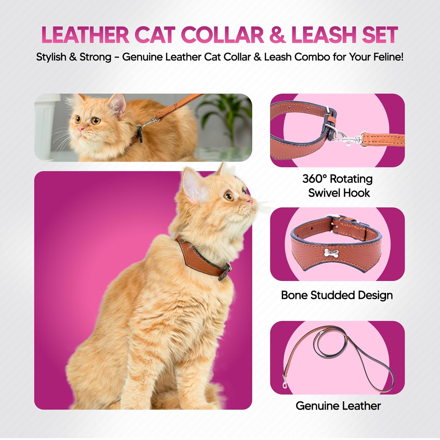 Adil’S Leather Cat Collar & Leash Set Combo - Stylish Single Bone Studded Design Collar, Genuine Leather, Adjustable Buckle & Secure 5ft Leash for Outdoor Activity (Brown)