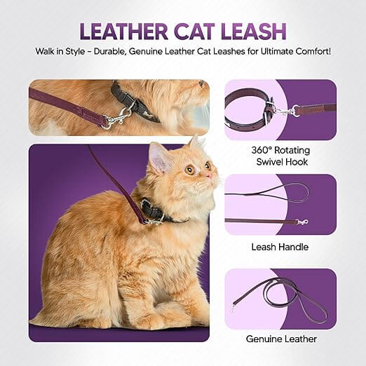 Adil’S Leather Cat Leash – Durable, Stylish & Comfortable Genuine Leather 4ft Long Leash with Secure Trigger Snap Hook for Safe Walks and Outdoor Adventures