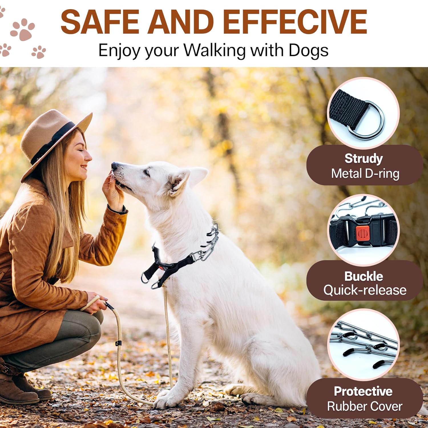 ADIL'S Prong Dog Collar with Protective Black End Plastic Caps - Adjustable Choke Collar with Quick-Release Buckle