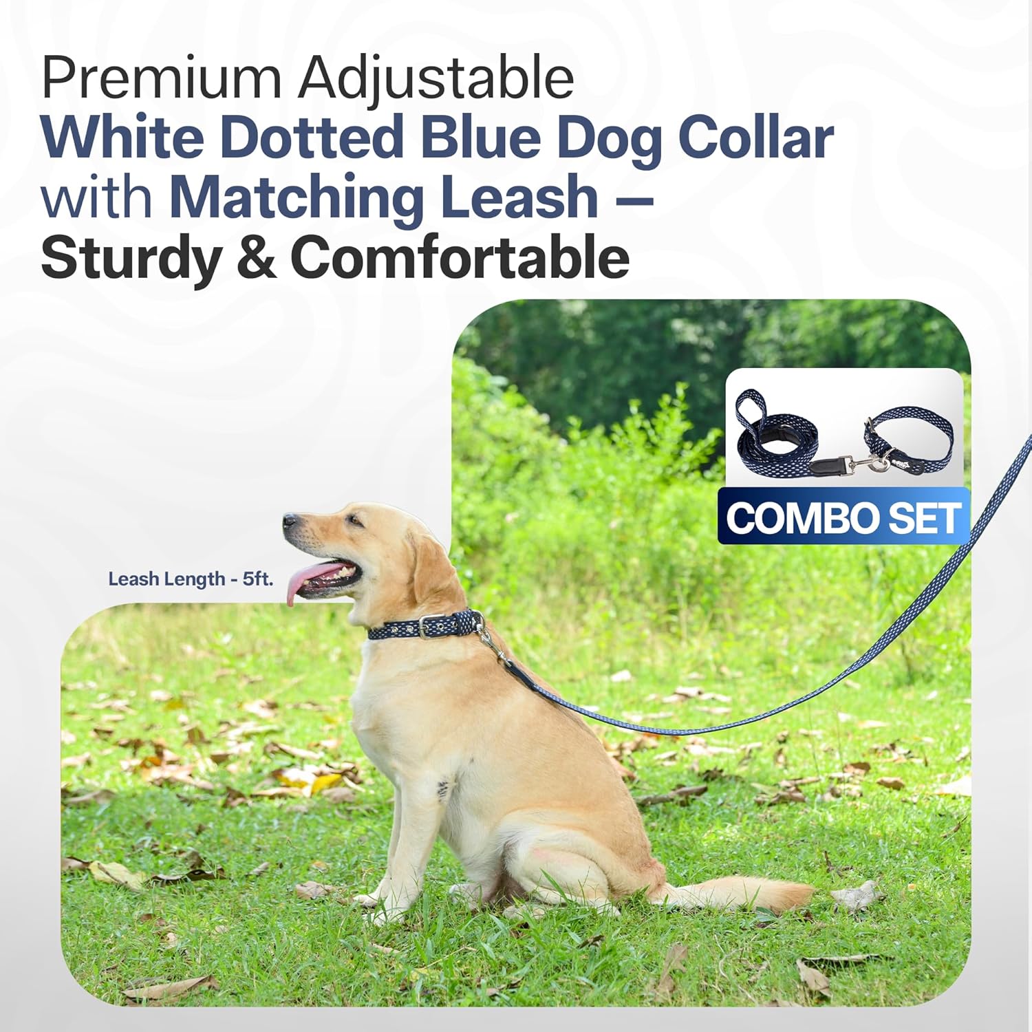 Adil’s Cotton Dotted Dog Collar & Leash Combo – Adjustable with Leather, 360° Swivel Hook, D-Ring, 5ft Leash for All Dogs (Navy Blue with White Dot, S(12''-16''))