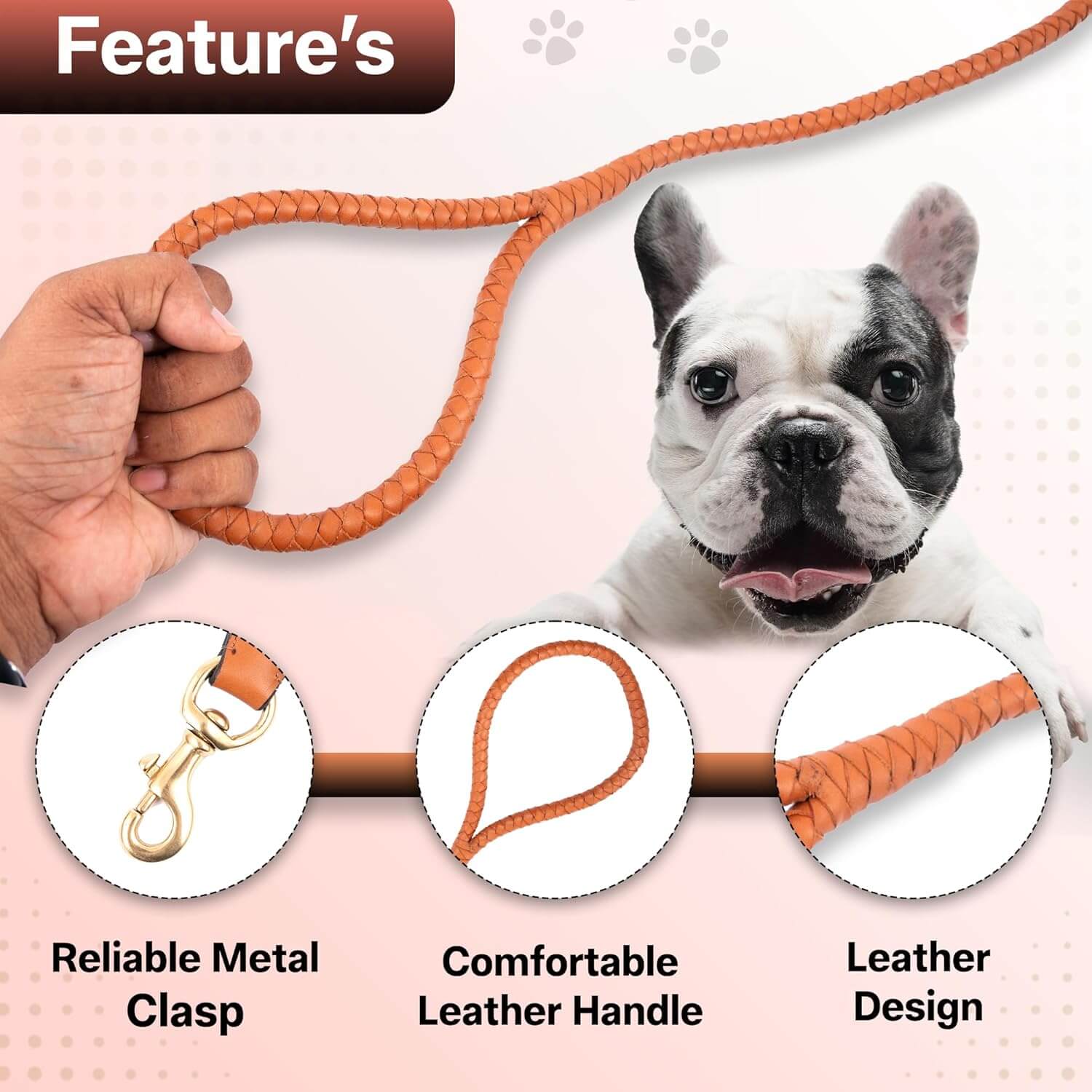 Adil’S Braided Rolled Drum Dyed Leather Dog Leash with 360 Degree Rotating Clasp 5 FT Long, Non-Slip Grip Handle, Suitable for Large & Medium Dogs