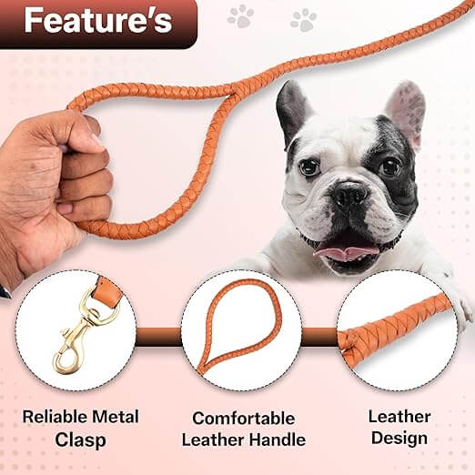 Adil’S Braided Rolled Drum Dyed Leather Dog Leash with 360 Degree Rotating Clasp 5 FT Long, Non-Slip Grip Handle, Suitable for Large & Medium Dogs