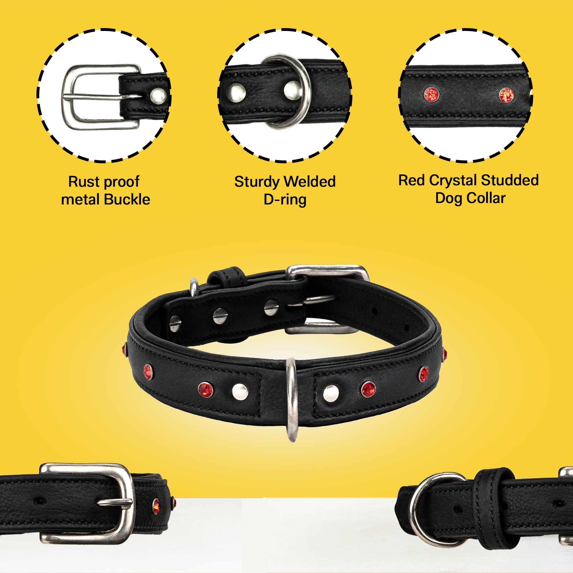 Adil’S Black Studded Softy Leather Dog Collar 1inch Width Suitable for Small, Medium & Large Dogs with Strong Metal Buckle & D-Ring for leashes, Size: S to XL, Brown (S, Black Stud)