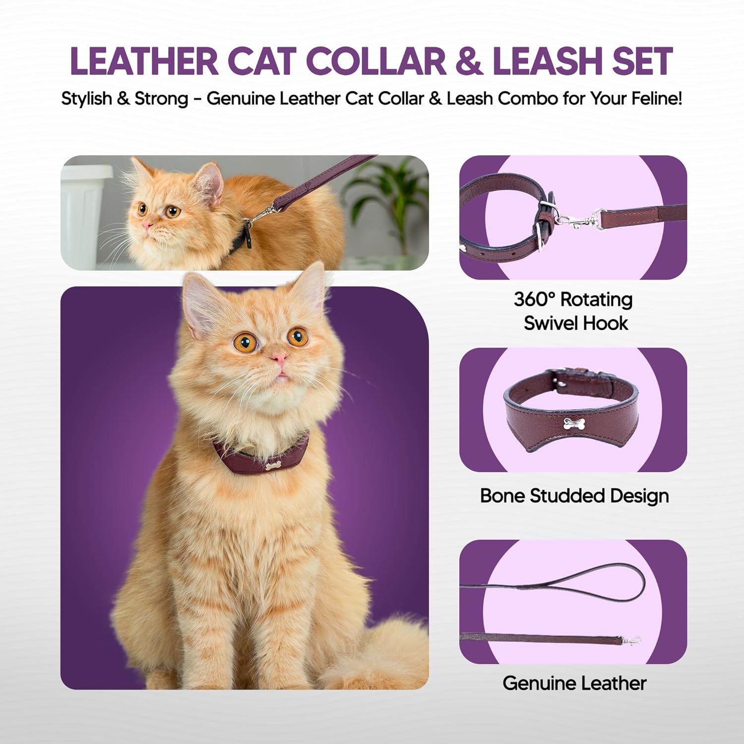 Adil’S Leather Cat Collar & Leash Set Combo - Stylish Single Bone Studded Design Collar, Genuine Leather, Adjustable Buckle & Secure 5ft Leash for Outdoor Activity (Brown)