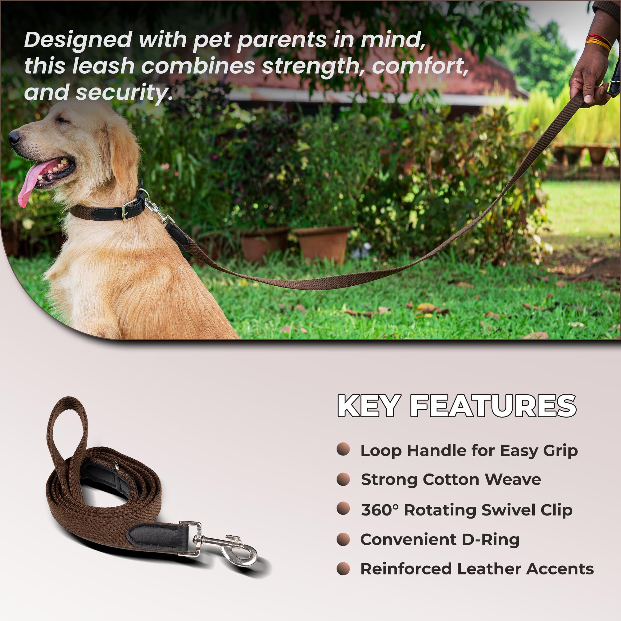 Adil’s 5FT Adjustable Cotton Dog Leash with Soft Leather Handle – Durable Long Lead with 360° Swivel Hook – Strong, Tangle-Free Leash for Walking & Training Small, Medium & Large Dogs