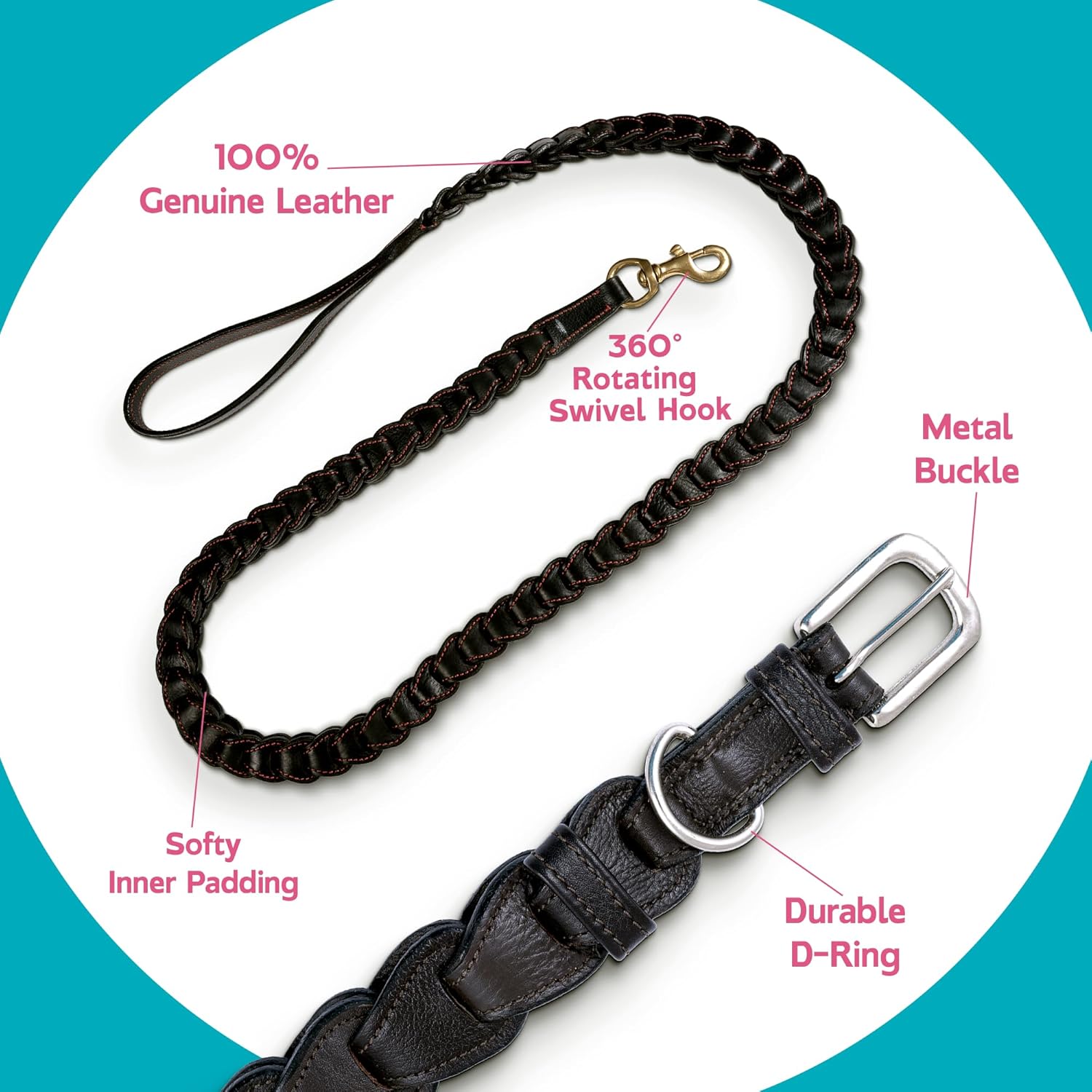 Adil’s Genuine Leather Loop Dog Collar & Leash Combo Set – 5ft Loop Leash Strong Stitch Finish Soft Padded Adjustable Collar with Metal Buckle D-Ring for Small Medium Large Dogs