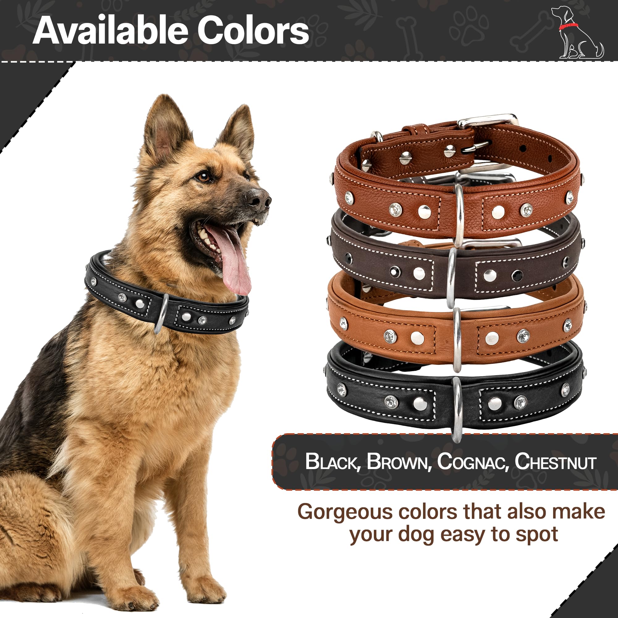 Adil’S Black Studded Softy Leather Dog Collar 1inch Width Suitable for Small, Medium & Large Dogs with Strong Metal Buckle & D-Ring for leashes, Size: S to XL, Brown (S, Black Stud)