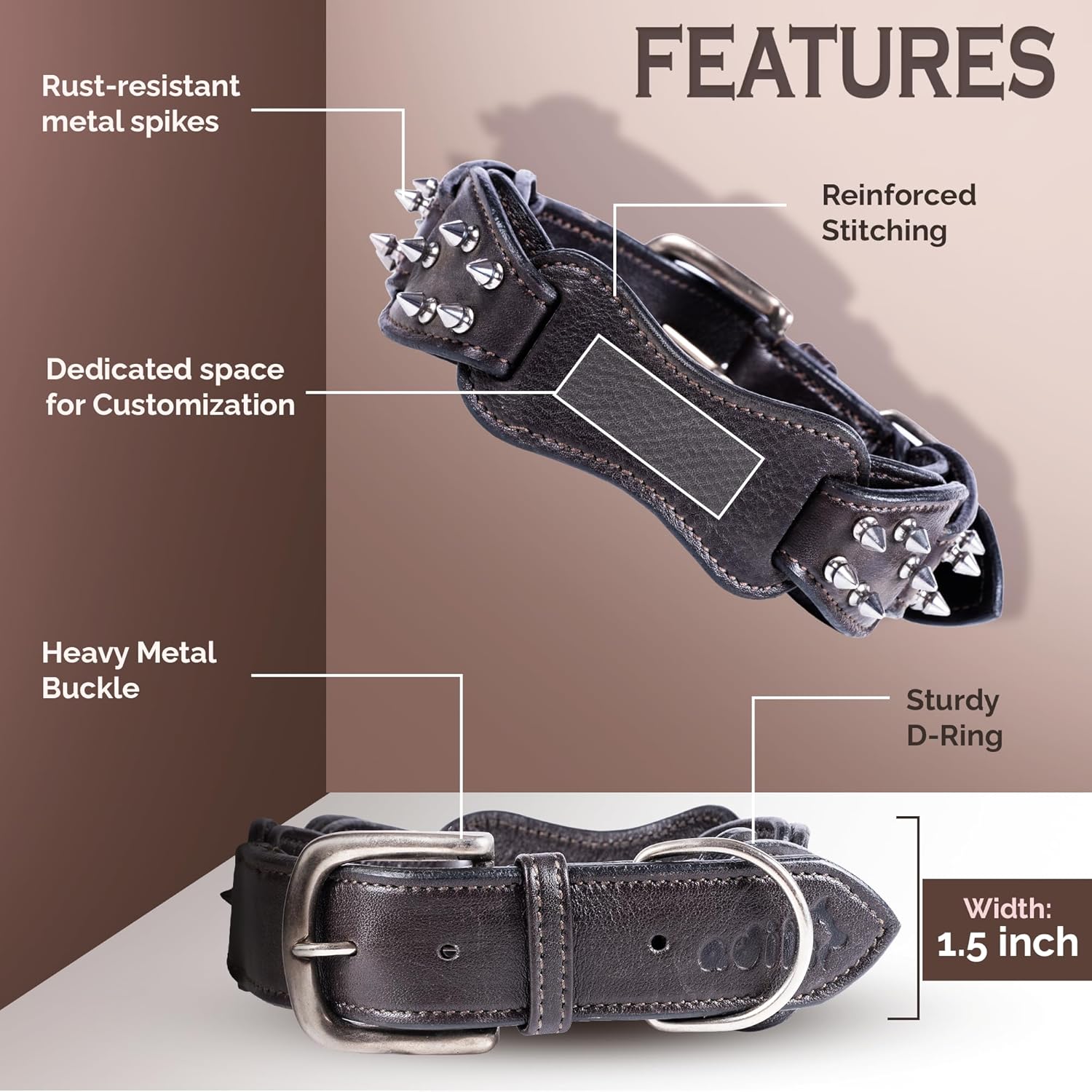 Adil's Personalized Softy Premium Leather Spiked Dog Collar – 1.5 Inch Wide Loop Design Heavy Duty Soft Padded Neckbelt, Sturdy Stainless Steel Buckle & D-Ring for Small, Medium & Large Pets