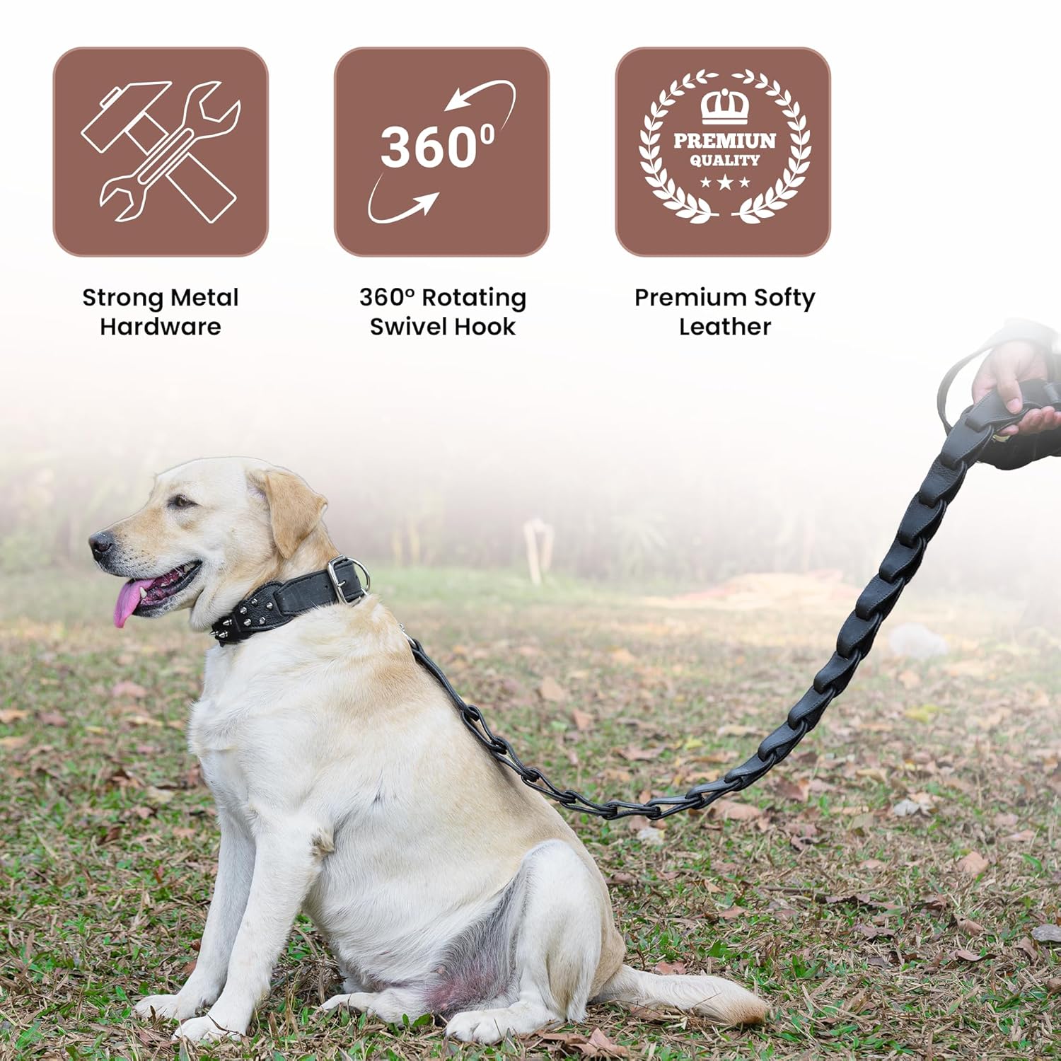 Adil’s Personalized Leather Loop Spike Dog Collar & Leash Combo Set 1.5" Wide Adjustable Neckbelt Metal Buckle D-Ring 5Ft Leather Heavy Duty Loop Cord with 360 Swivel Hook for Training Walking