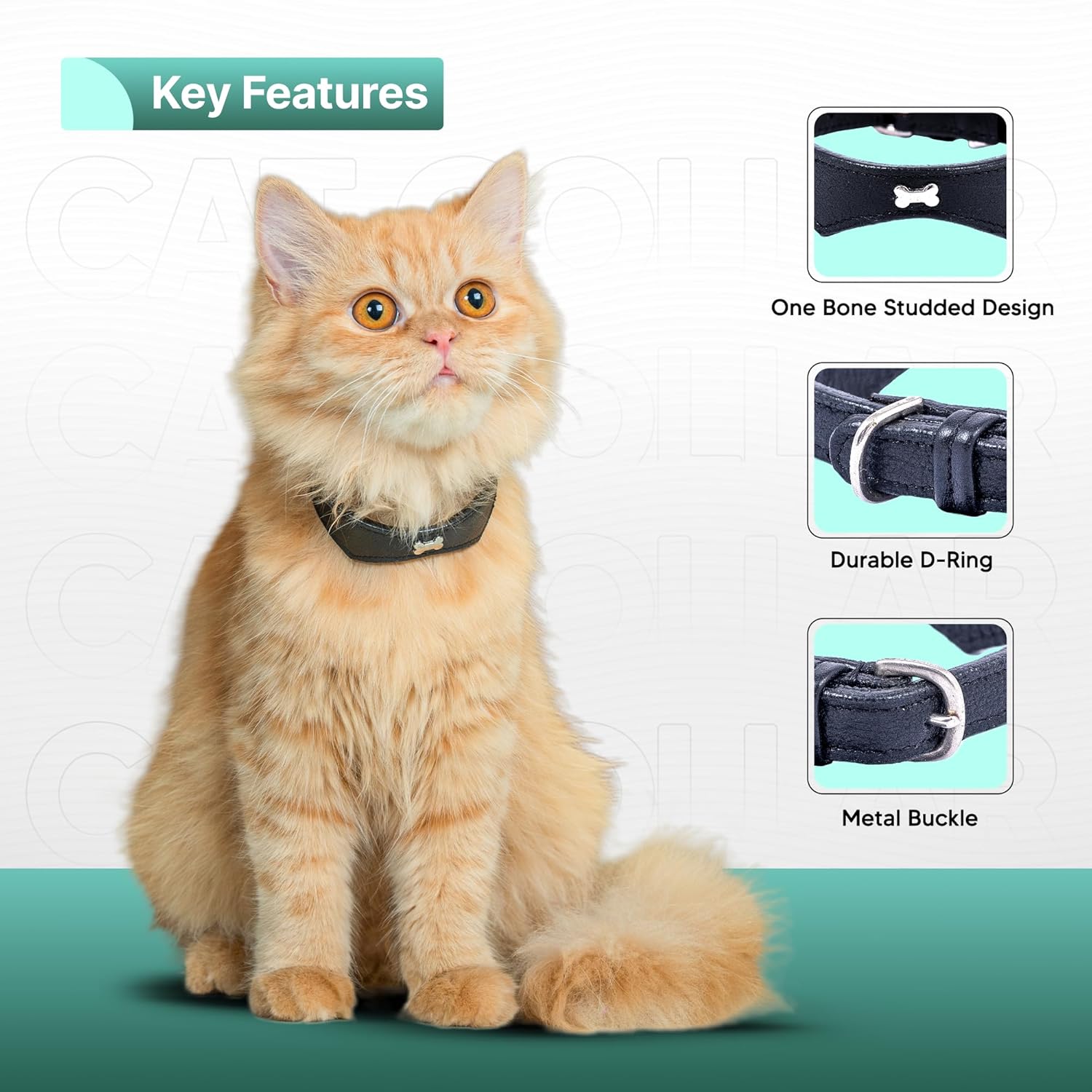 Adil’S Leather Cat Collar - Stylish Single Bone Studded Design, Breakaway Soft pet Collar, Adjustable Metal Buckle with Strong D-Ring for Leash attachments for Outdoor Adventures (Black)