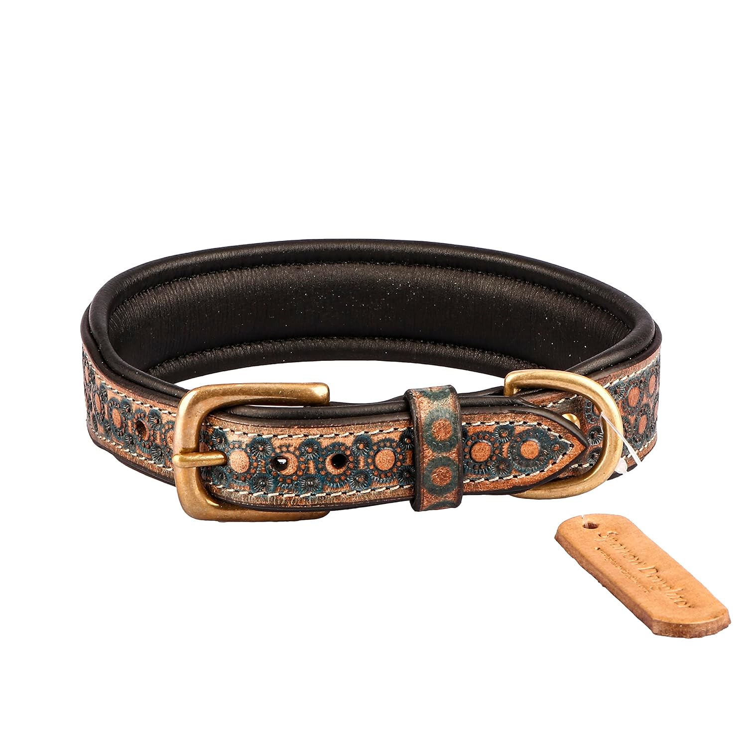 Leather Comfortable, Lightweight Hand Tooling Design Dog Collar for All Breeds | Neck Belt with Adjustable Buckle- Natural White (24x1.5 Inch)